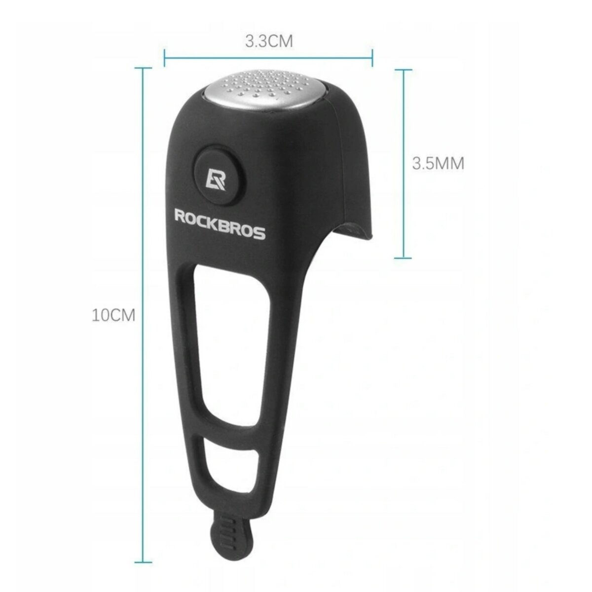 Schwarze Fahrradklingel mit Abmessungen: 3,3 cm breit, 3,5 mm dick und 10 cm lang. Die Marke ist RockBros.