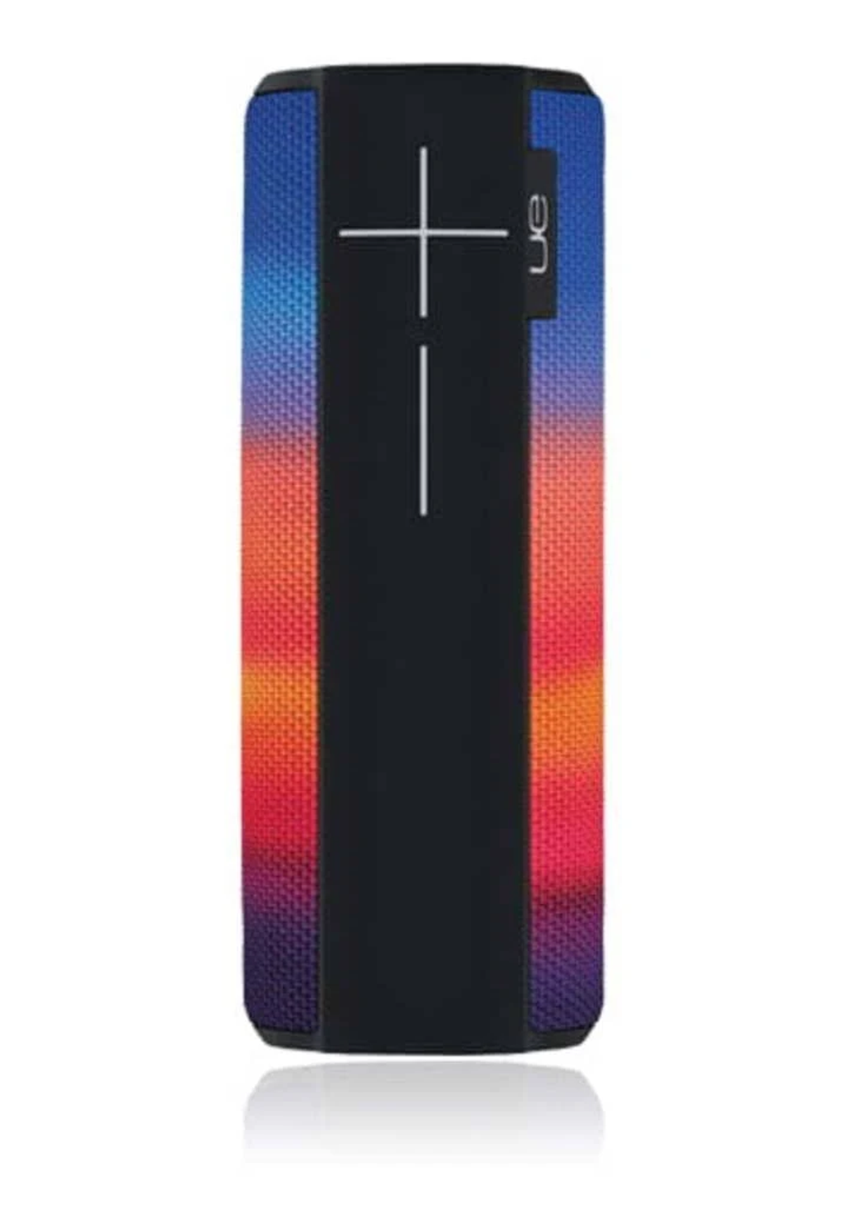 Altavoz azul, rojo y naranja con centro negro, cruz blanca y logo UE blanco.