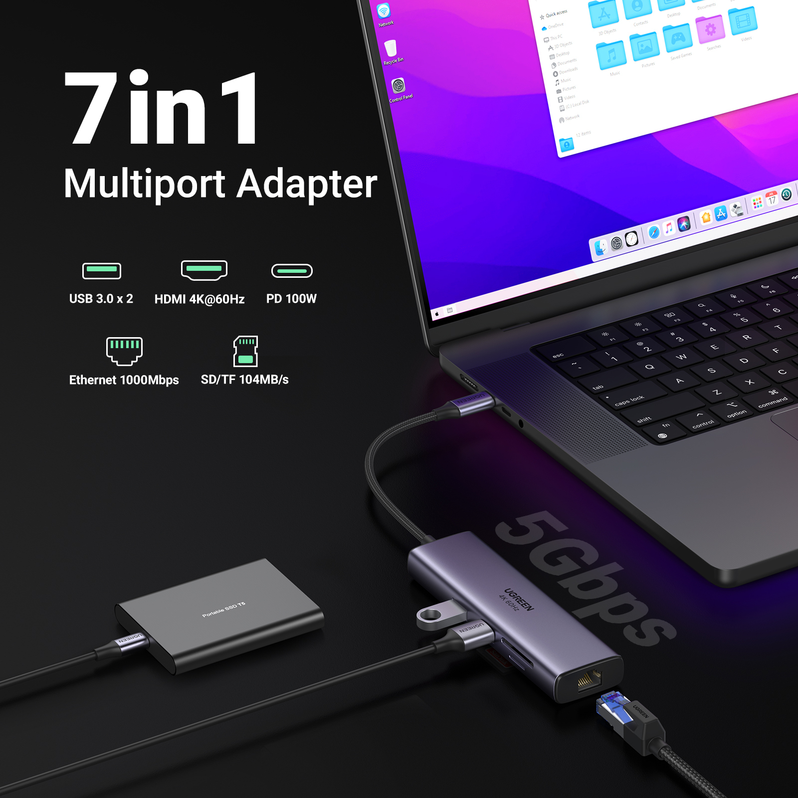 Una laptop está conectada a un adaptador multipuerto con varios puertos, con un SSD gris a la izquierda.