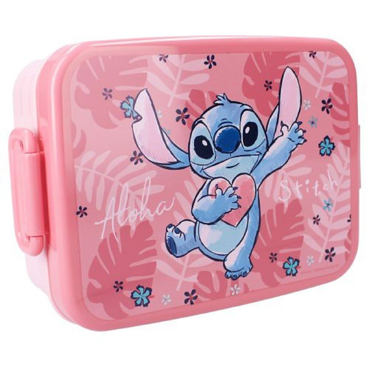 Eine rosa Lunchbox mit Stitch darauf, mit einem rosa Hintergrund und Blättern.