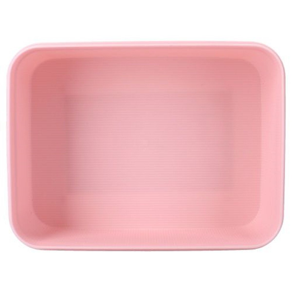 Eine rosa Kunststoffschale. Sie ist rechteckig mit abgerundeten Ecken und geriffelter Oberfläche.