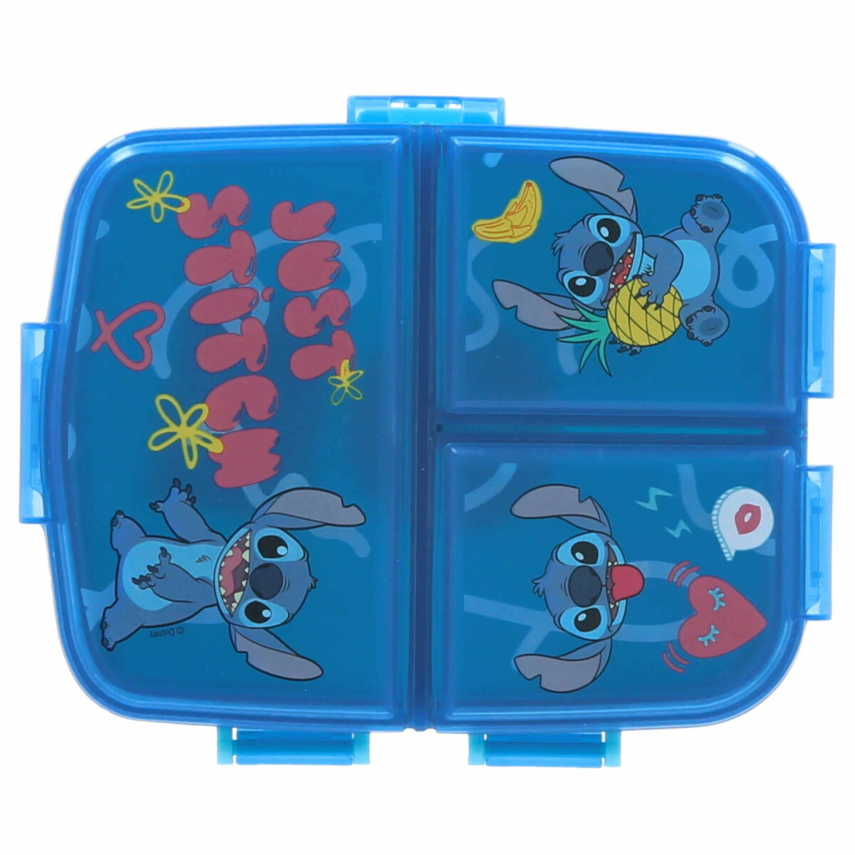 Blaue Brotdose mit Stitch-Illustrationen: Stitch mit Ananas, Herzen und Blumen.