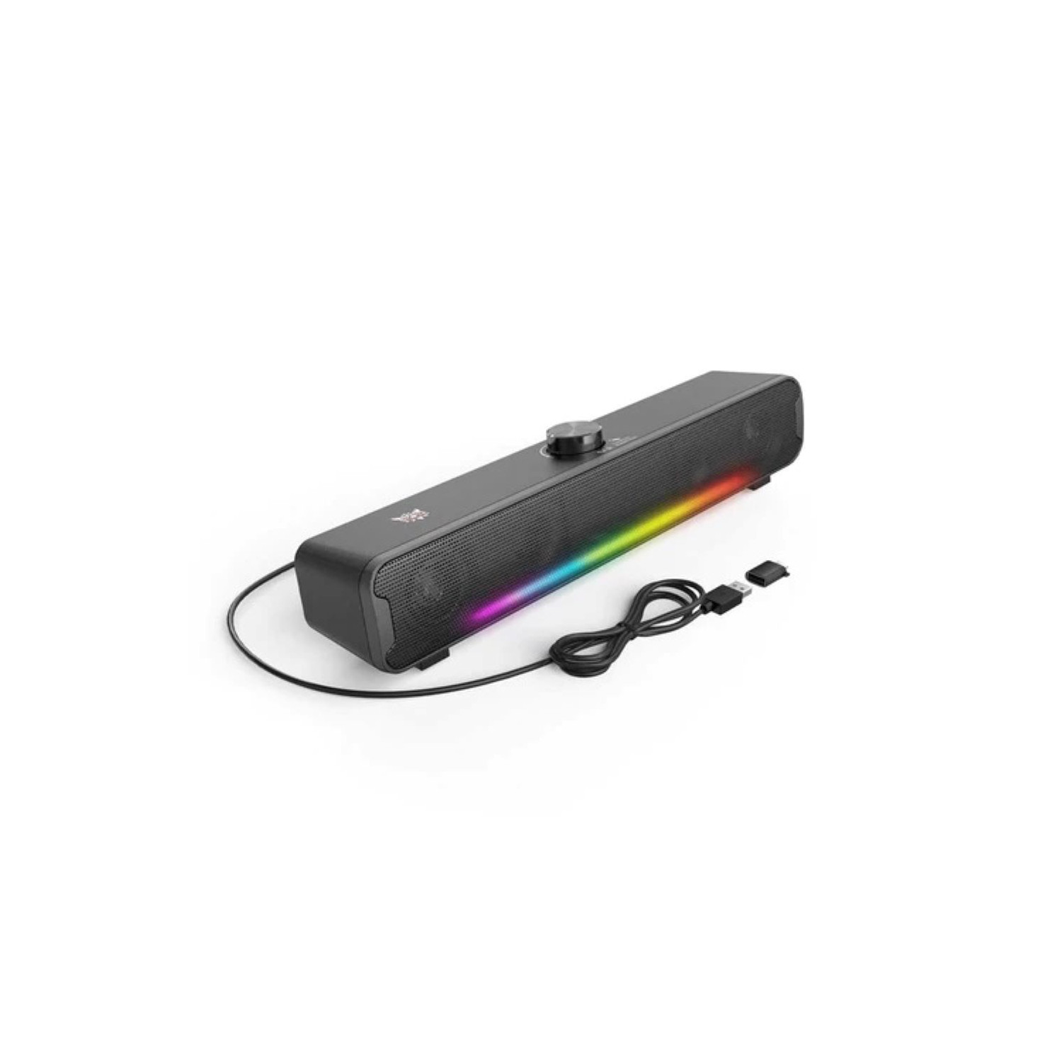 Soundbar nera con luci RGB e cavo USB.