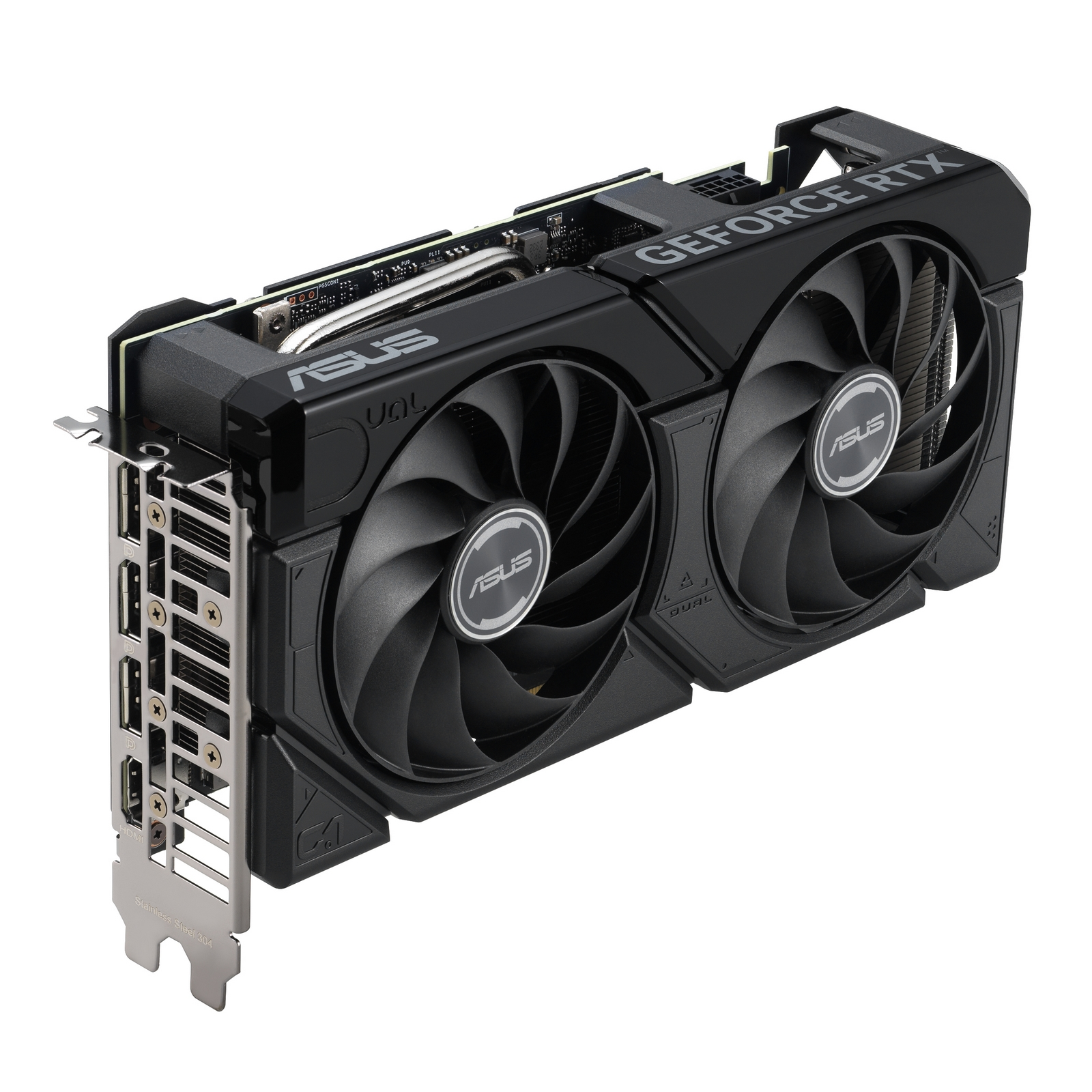 Scheda grafica ASUS nera e argento con due ventole e alette di raffreddamento.
