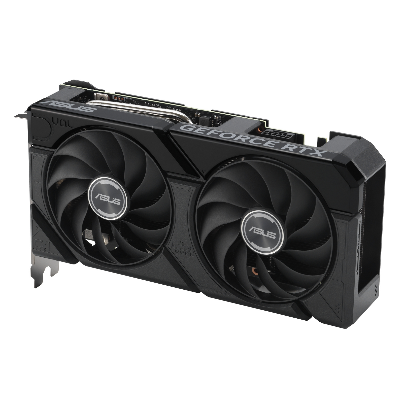Scheda grafica con due ventole. Nero e grigio. I loghi ASUS e GeForce RTX sono visibili.