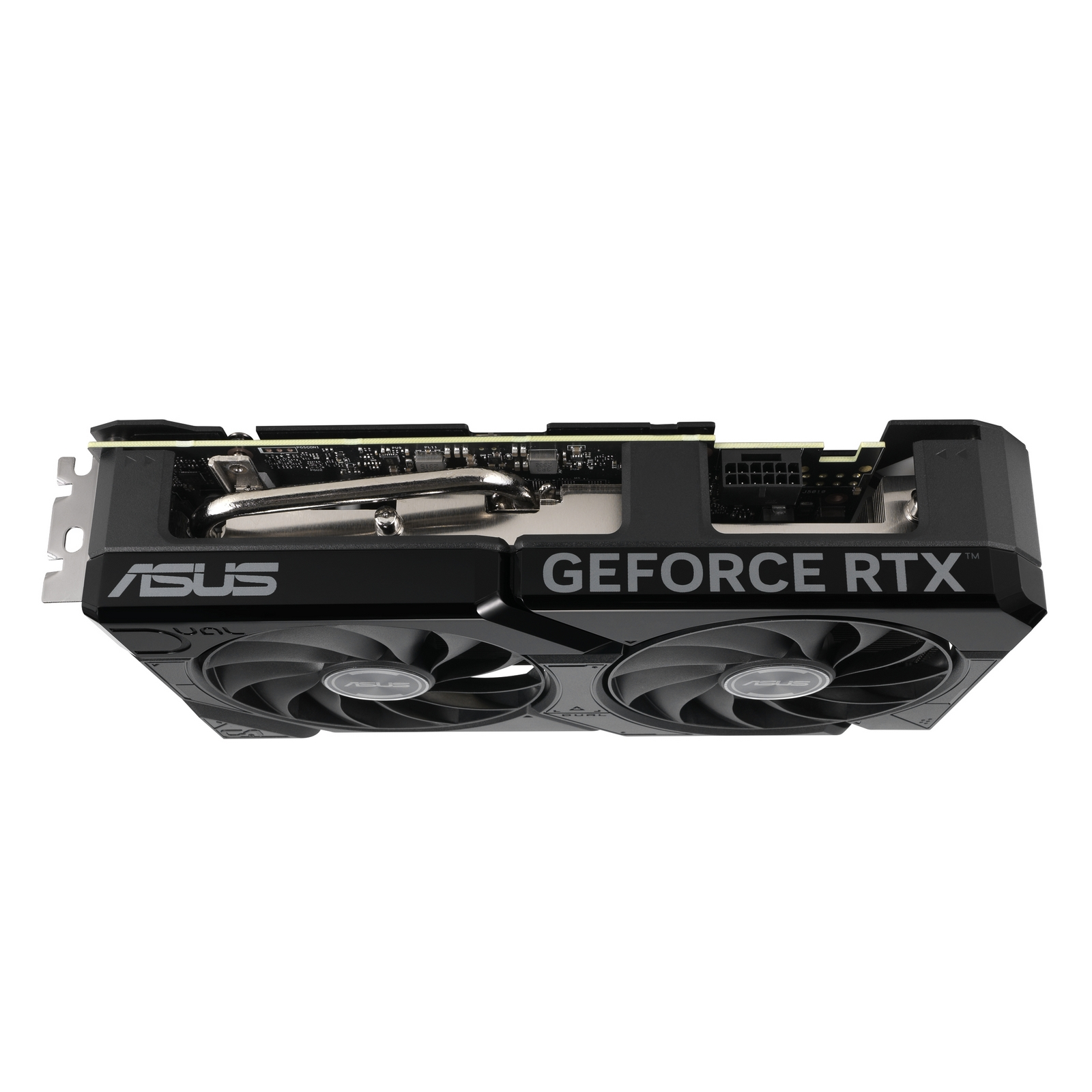 Una scheda grafica ASUS GeForce RTX nera con due ventole. La scheda è su uno sfondo bianco.