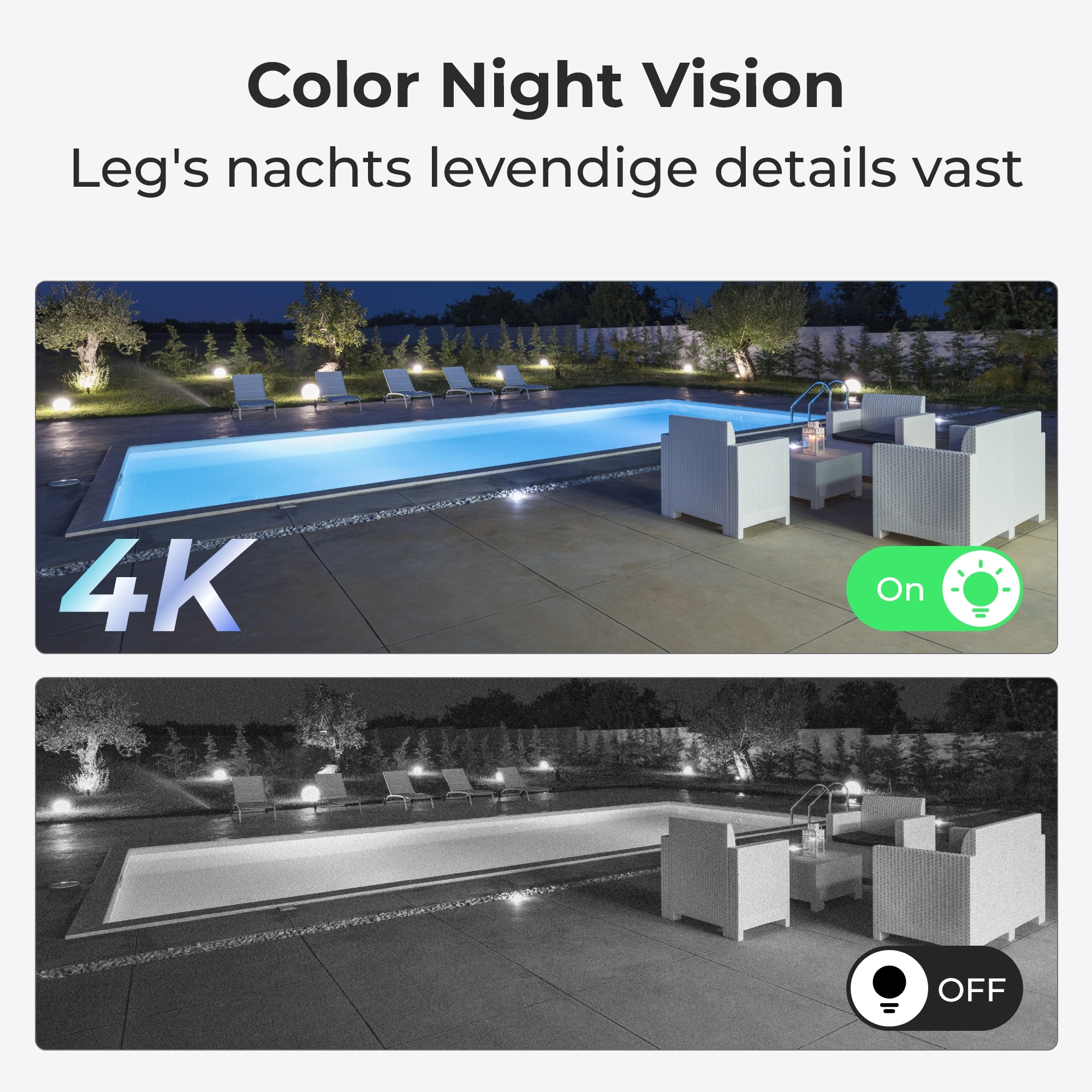Zwei Bilder zeigen einen Pool unter Nachtsicht, eines an, eines aus, mit Text.