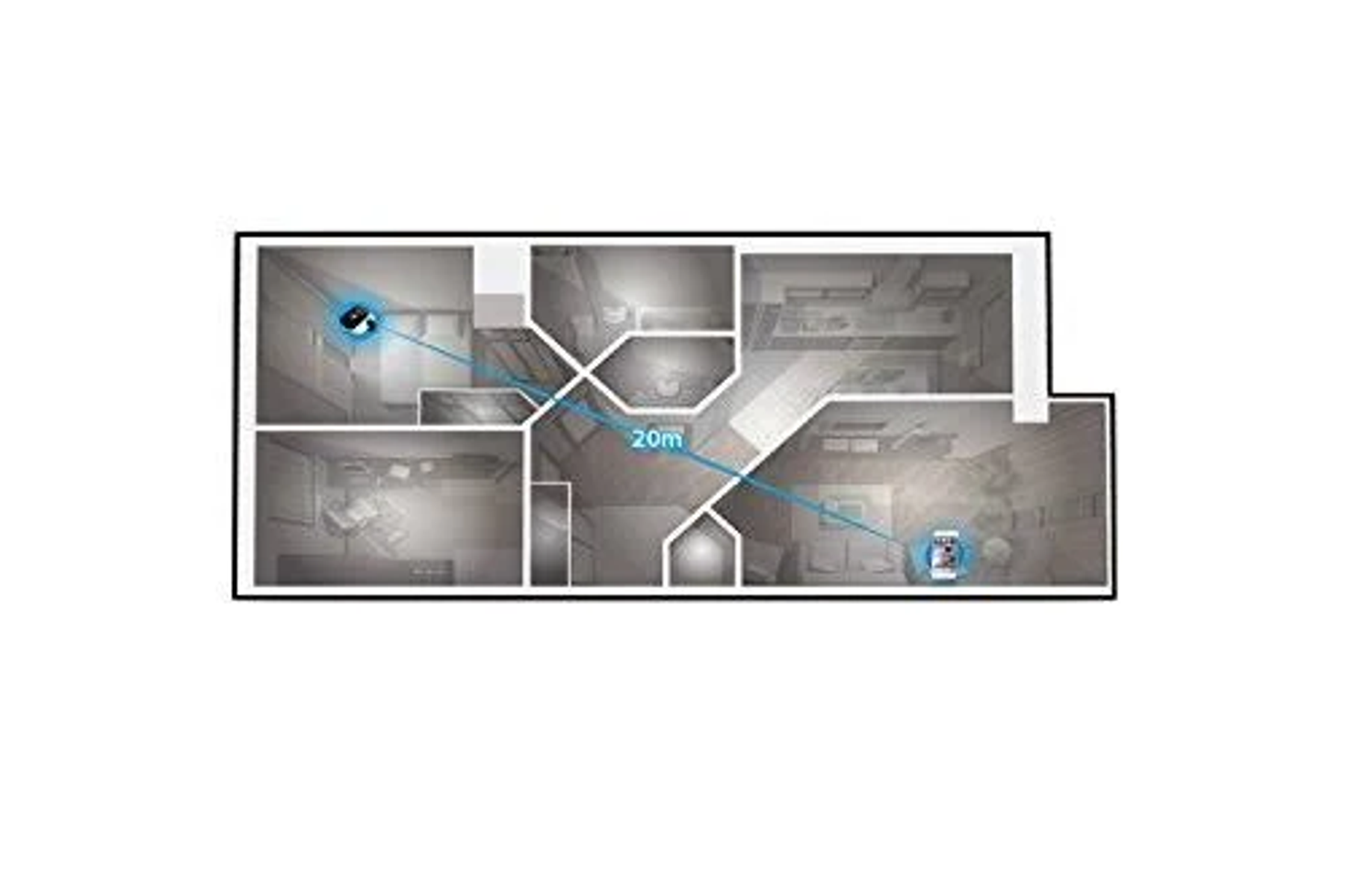 Vue de dessus d'un plan de maison avec caméras de sécurité et icônes de téléphone. Montre une portée de 20 m.