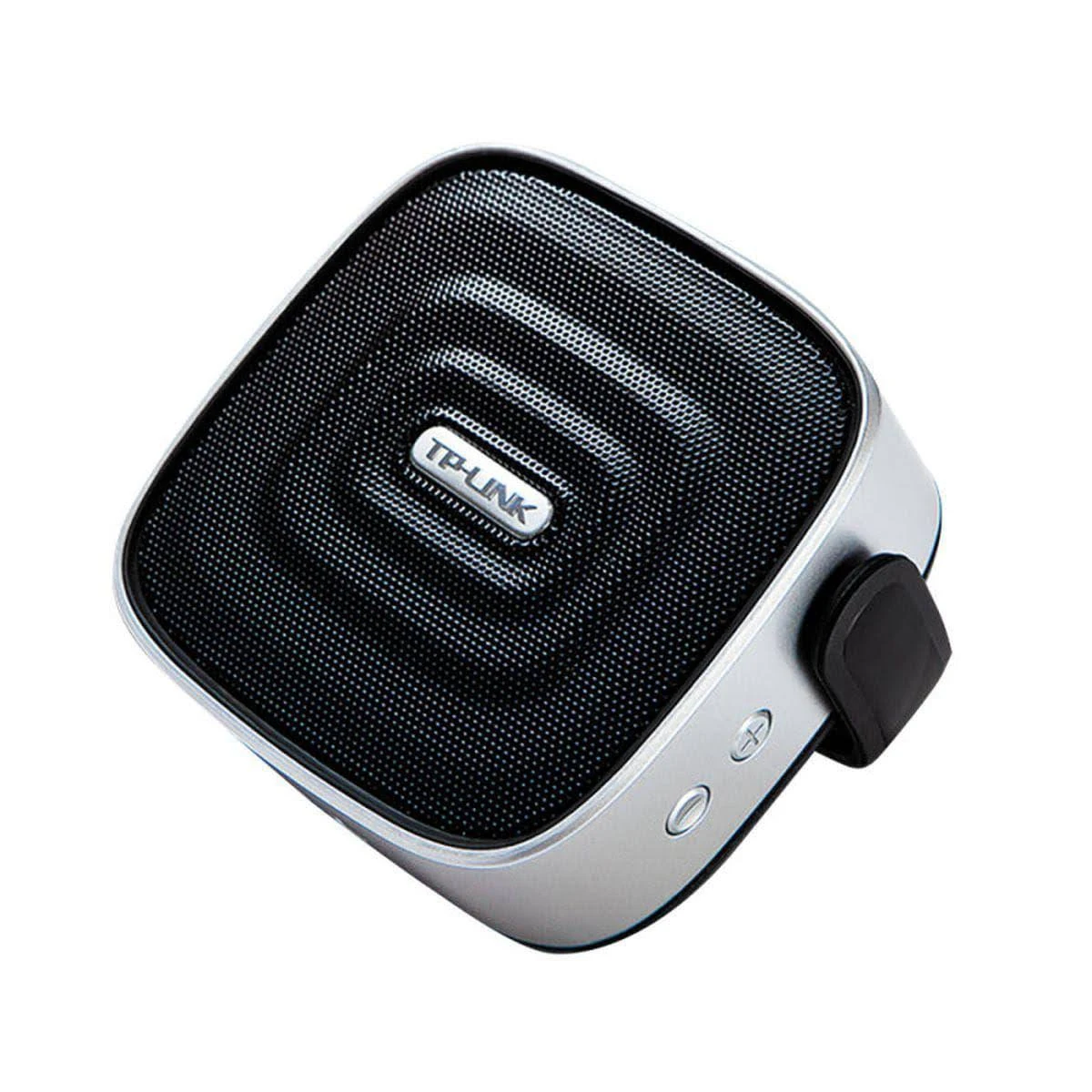 Petit haut-parleur Bluetooth TP-Link carré, face avant en mesh noir, côtés argentés.