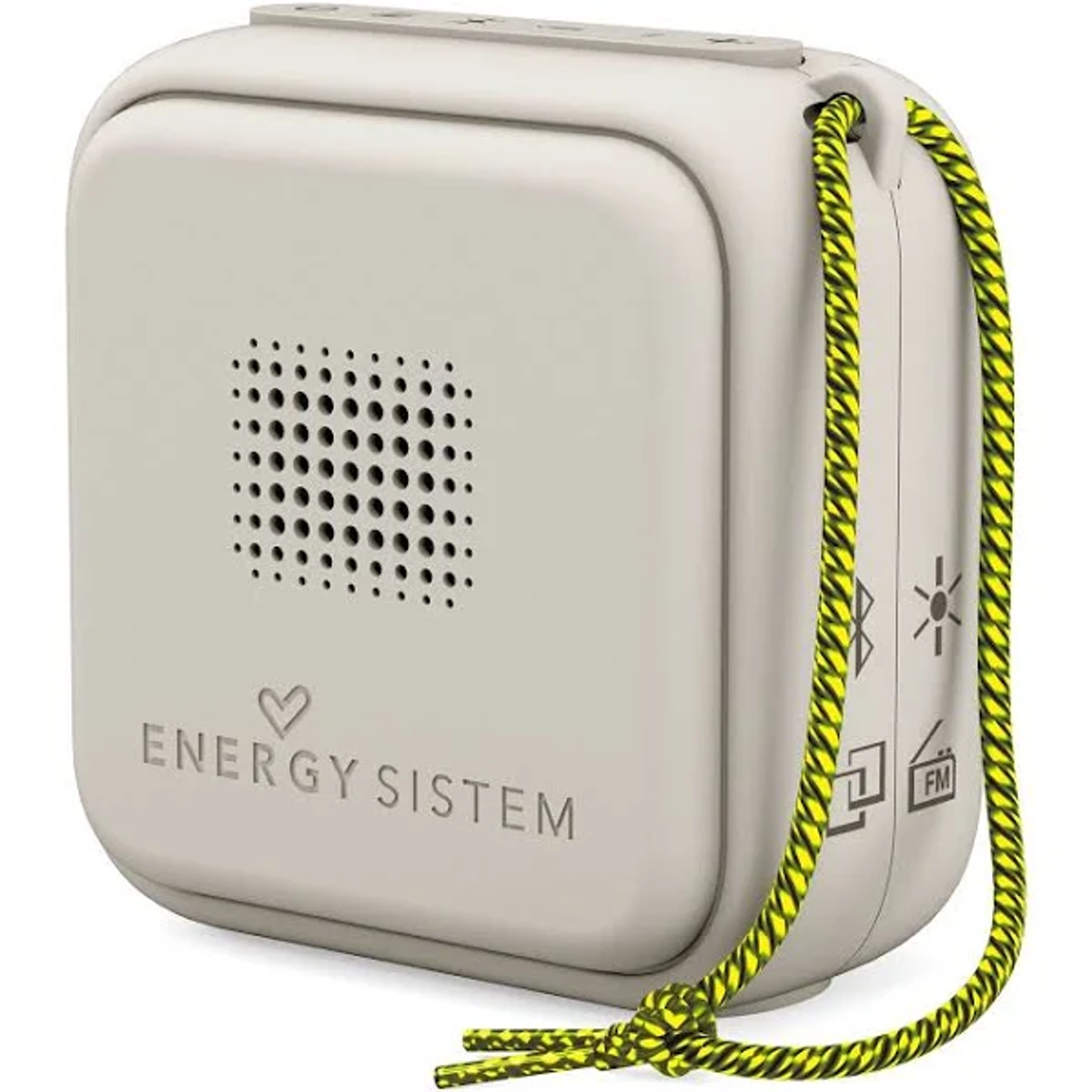 Mały, kremowy głośnik z żółto-czarnym sznurkiem.