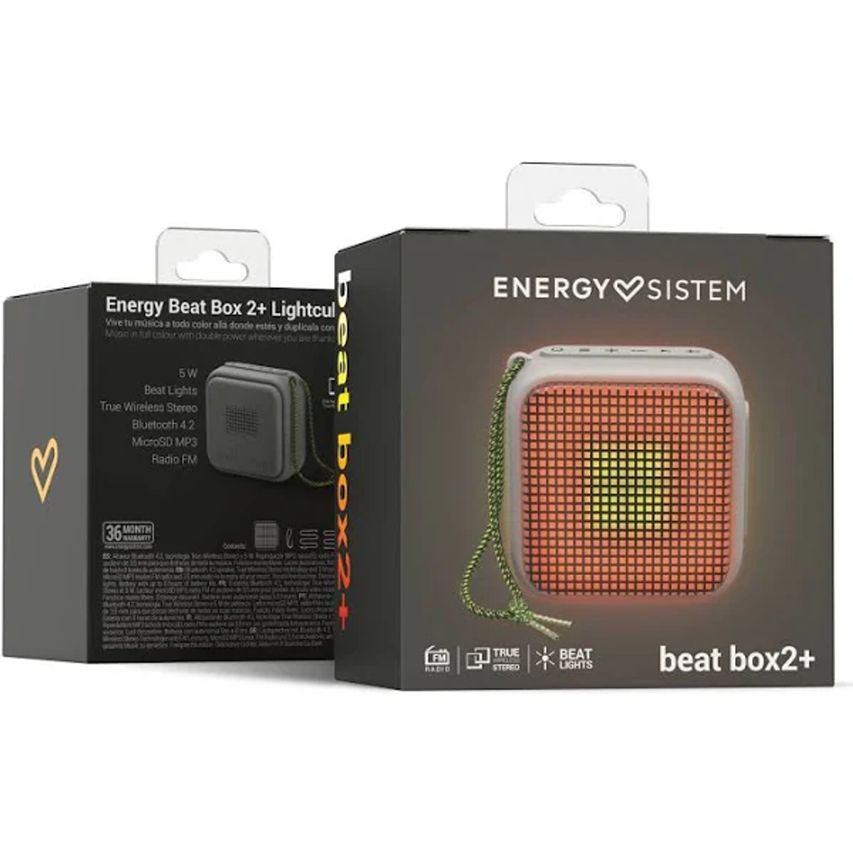 Zapakowany, świecący głośnik Energy Sistem beat box+ z tekstem i wzorem na pudełku.