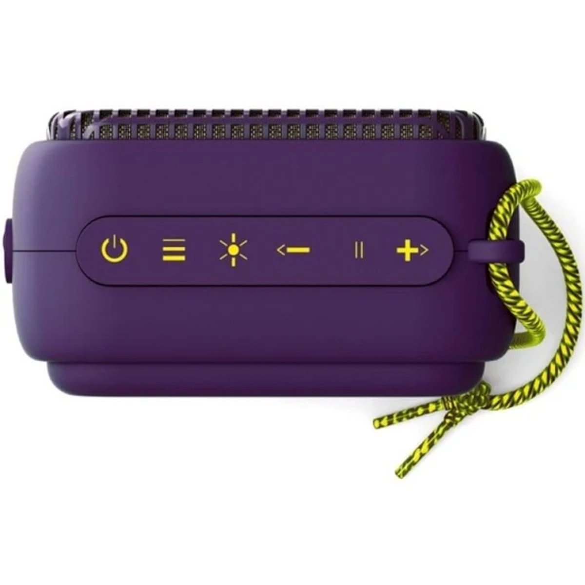 Fioletowy głośnik przenośny z przyciskami, żółtą liną, białe tło.