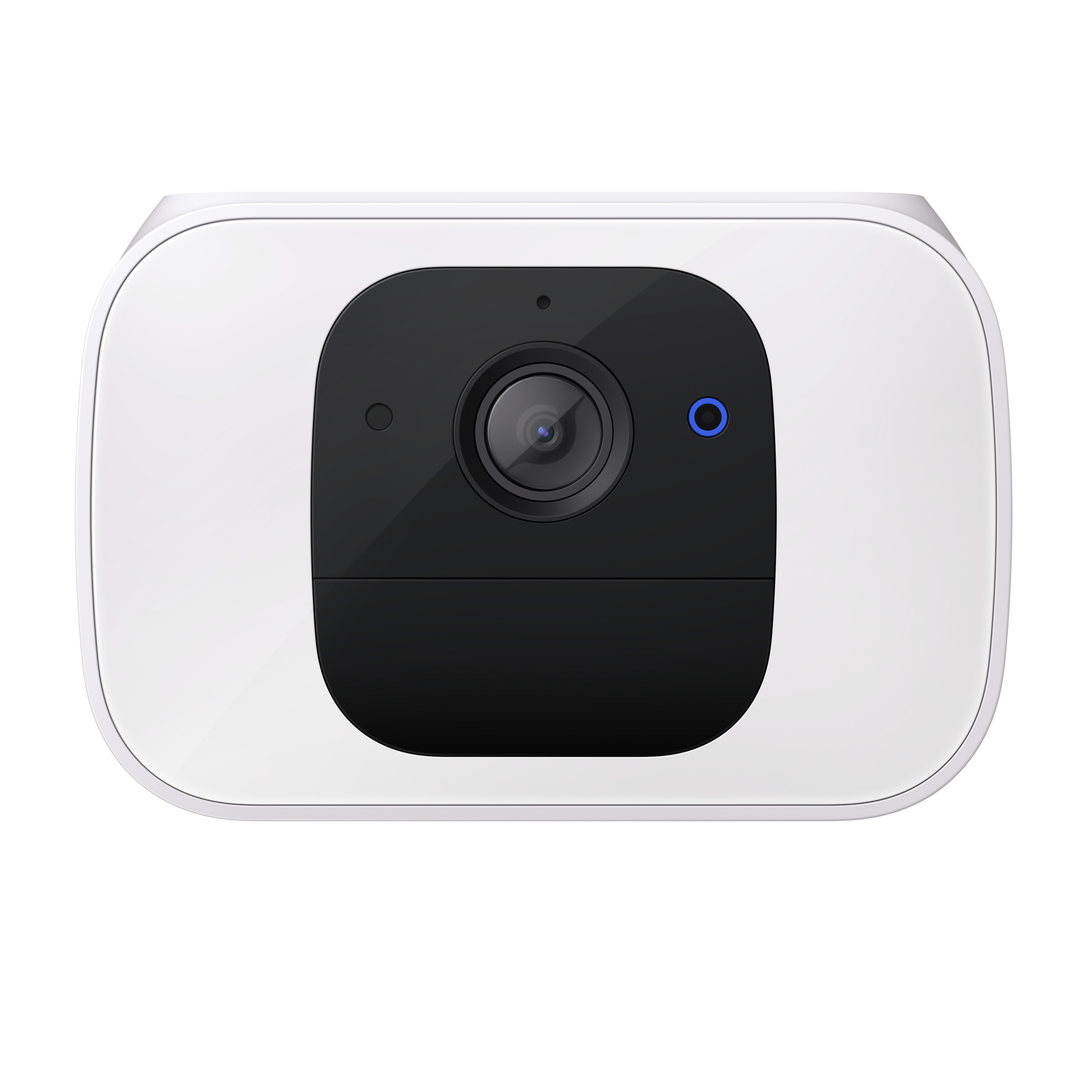 White security camera with a black face. Blue light on the side, it has a rounded shape.