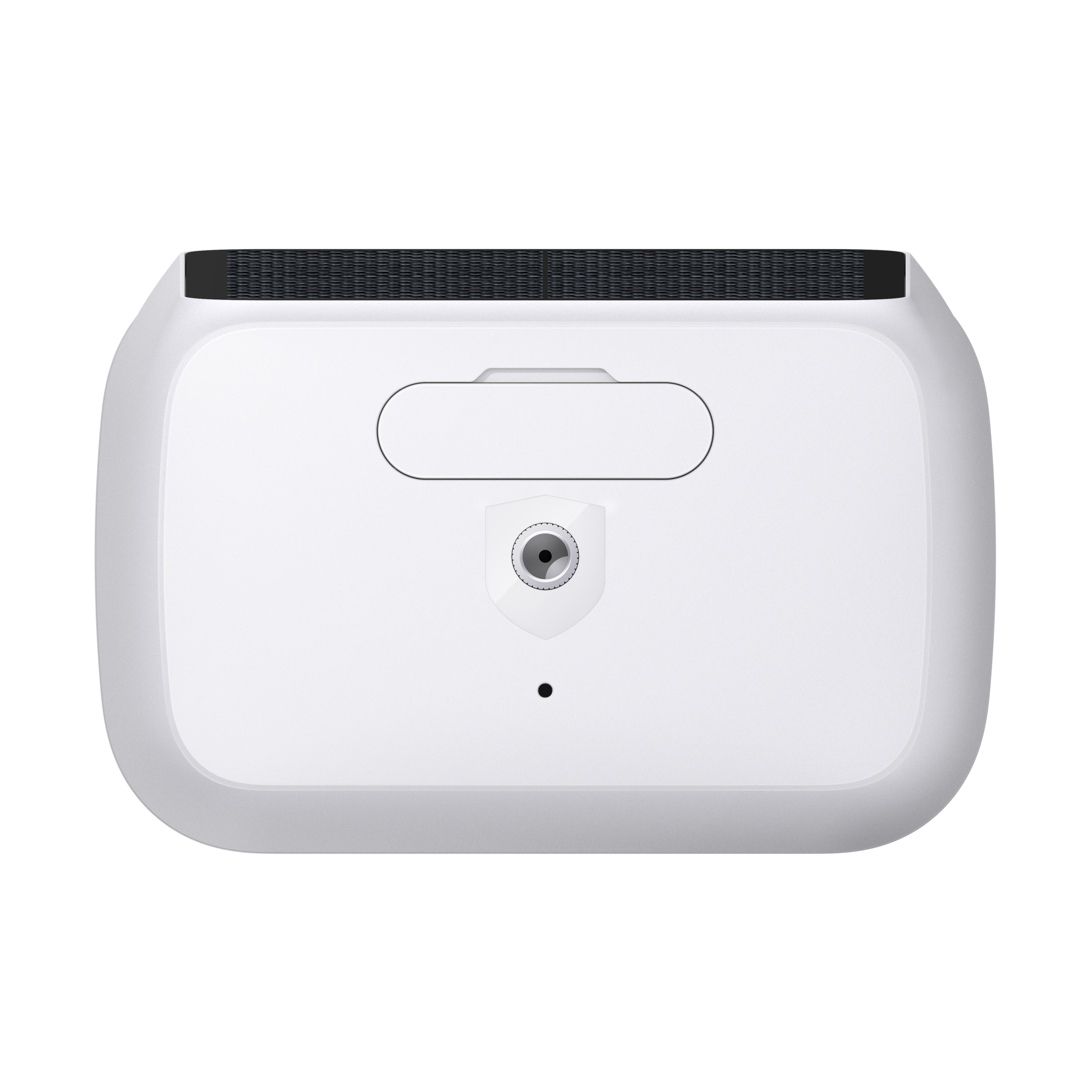 A white device with a camera and a button on the front. The surface is slightly curved.