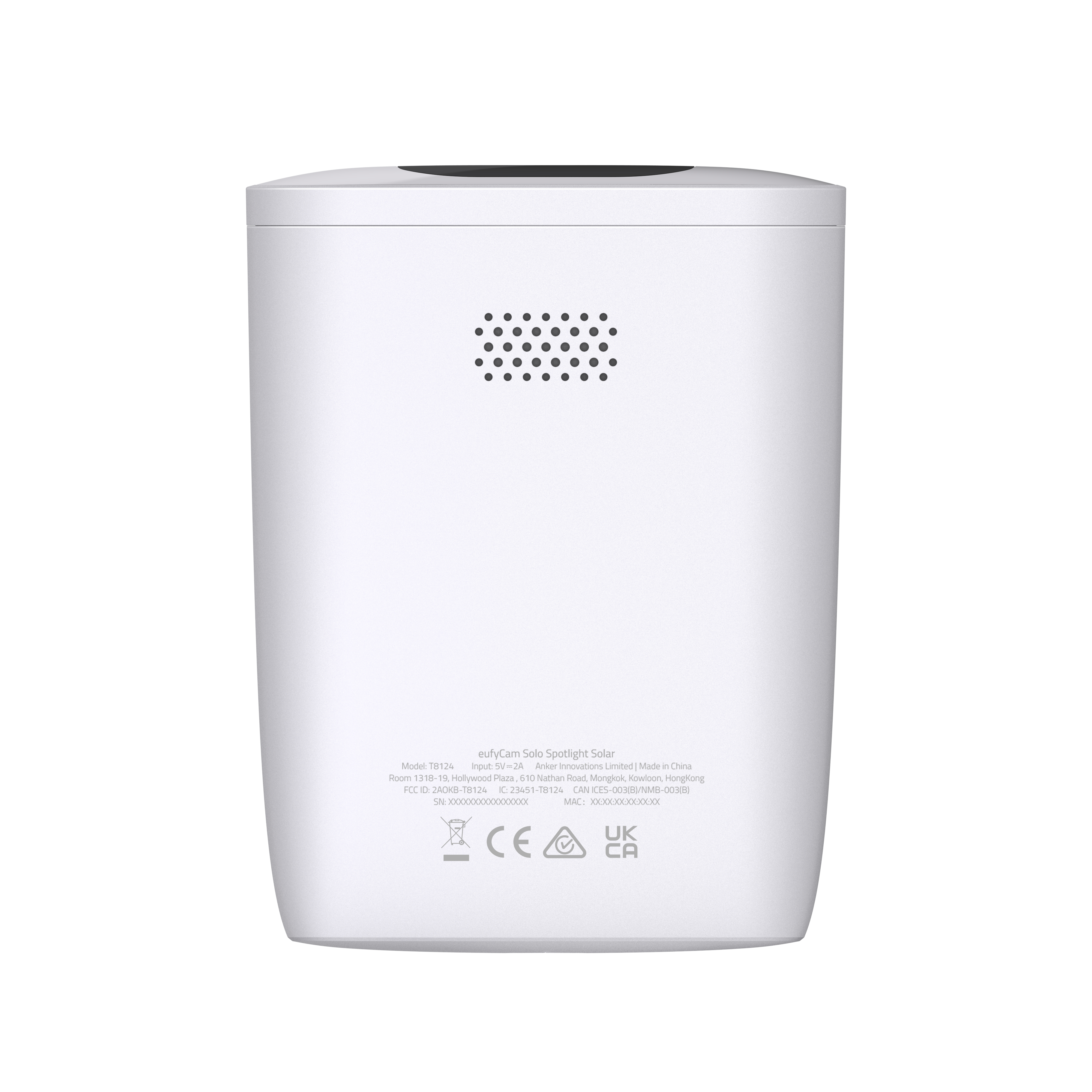 White cylinder-shaped device with a speaker grill. Black top. White background.