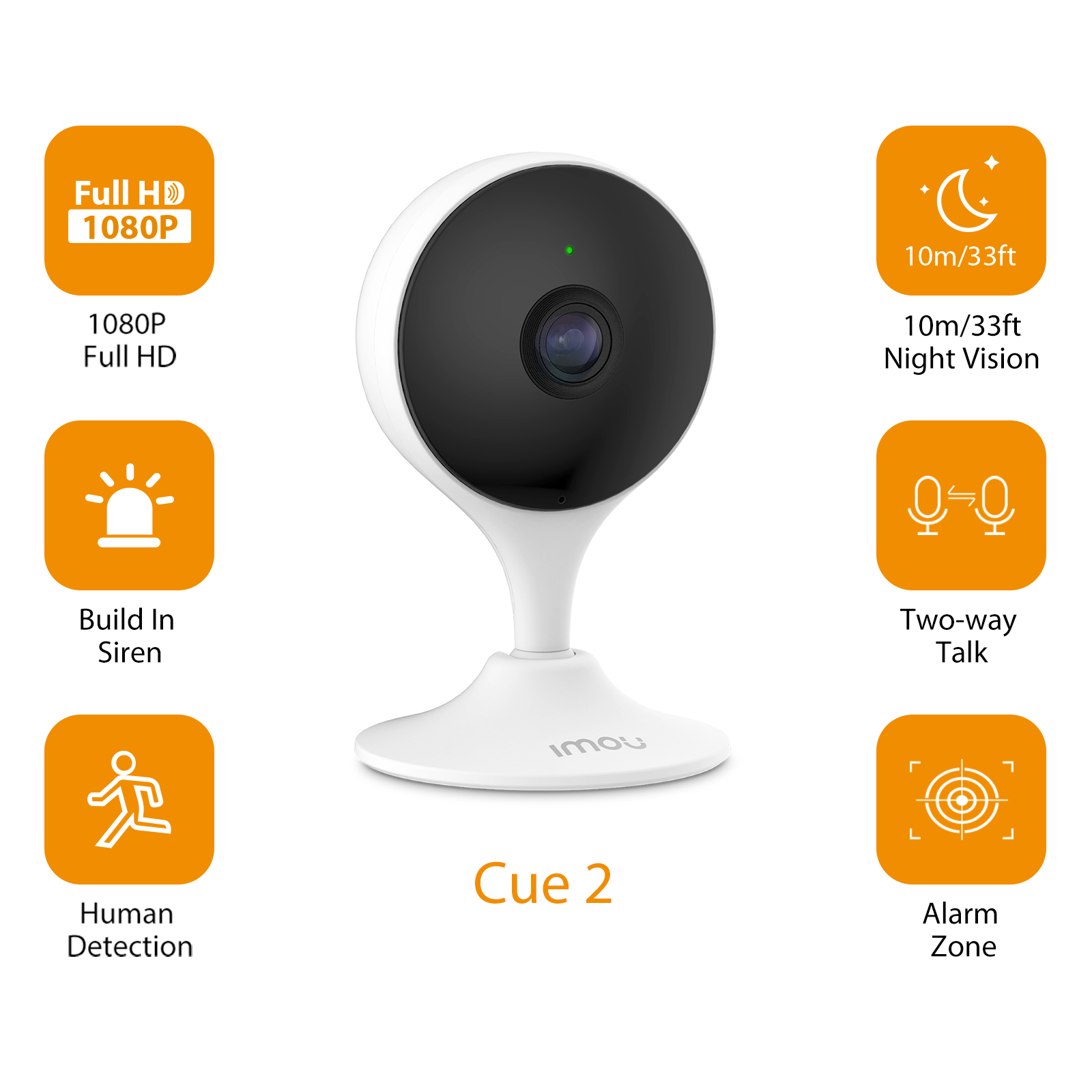 Una telecamera di sicurezza domestica intelligente bianca con icone che mostrano funzionalità come la visione notturna e la sirena.