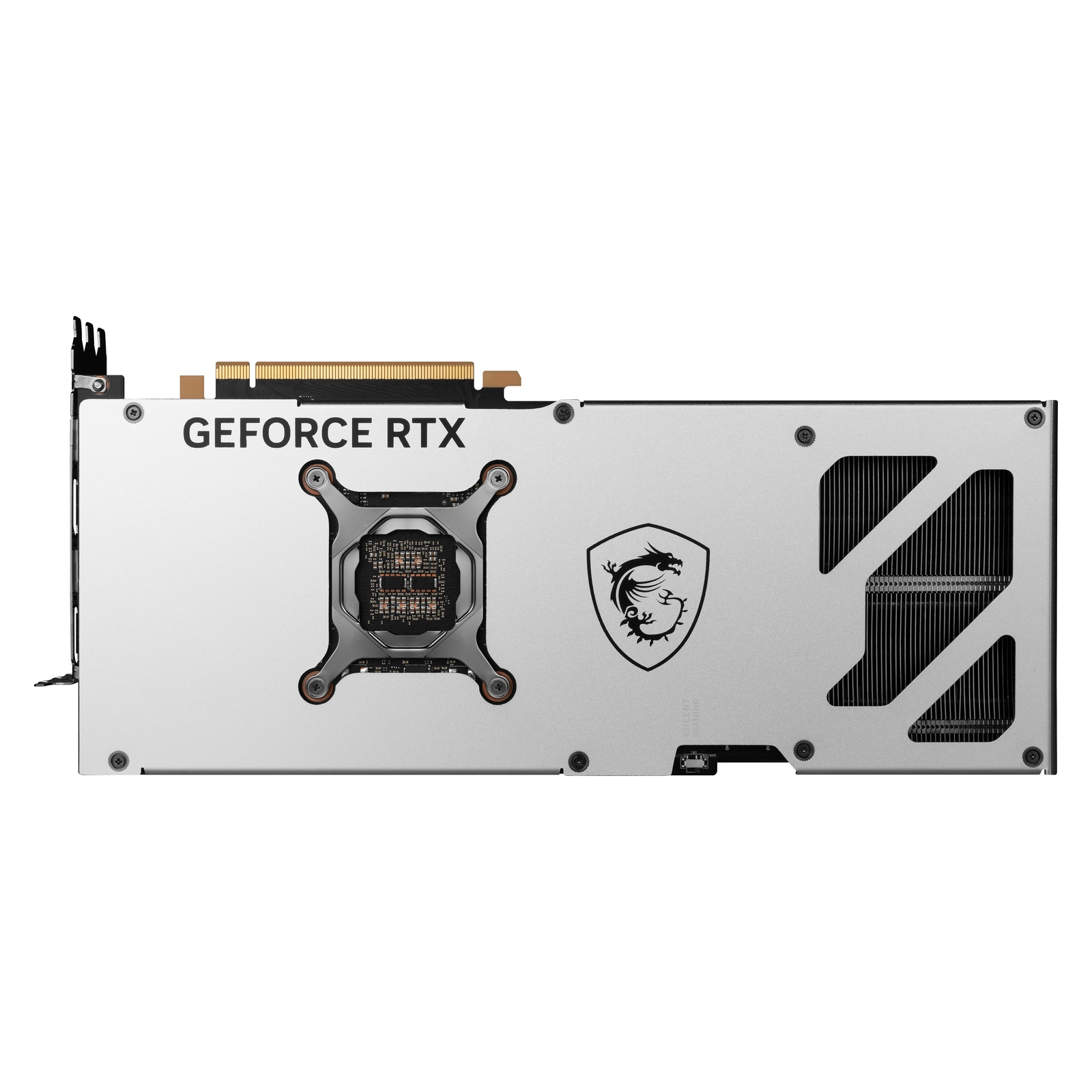 MSI GeForce RTX Grafikkarte. Silberne Backplate mit Drachenlogo und GeForce RTX-Text.