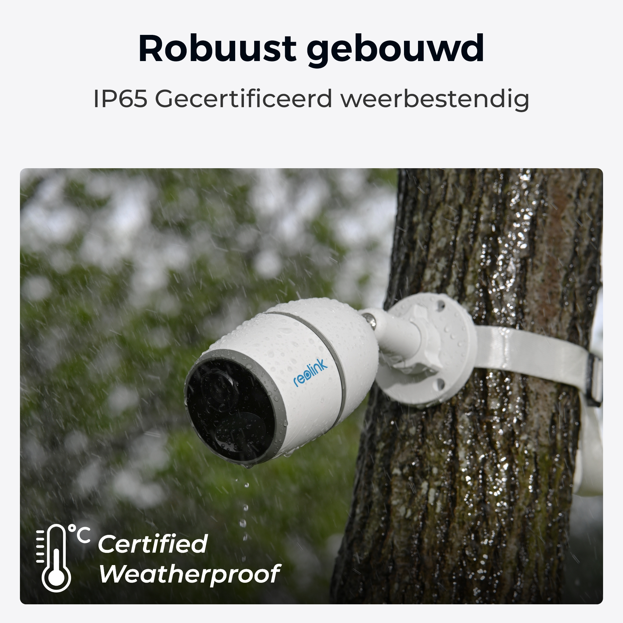 Biała, odporna na warunki atmosferyczne kamera bezpieczeństwa. Zamontowana na drzewie. Widoczne krople wody. Tekst: Odporna.