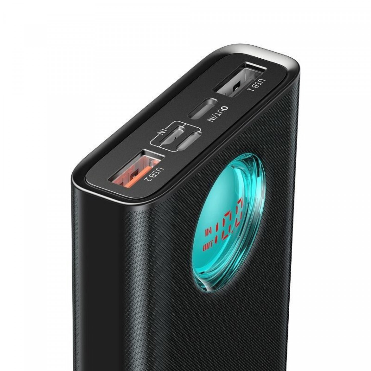 Schwarze Powerbank mit USB-Anschlüssen. Sie hat USB 1- und USB 2-Anschlüsse. Digitalanzeige.