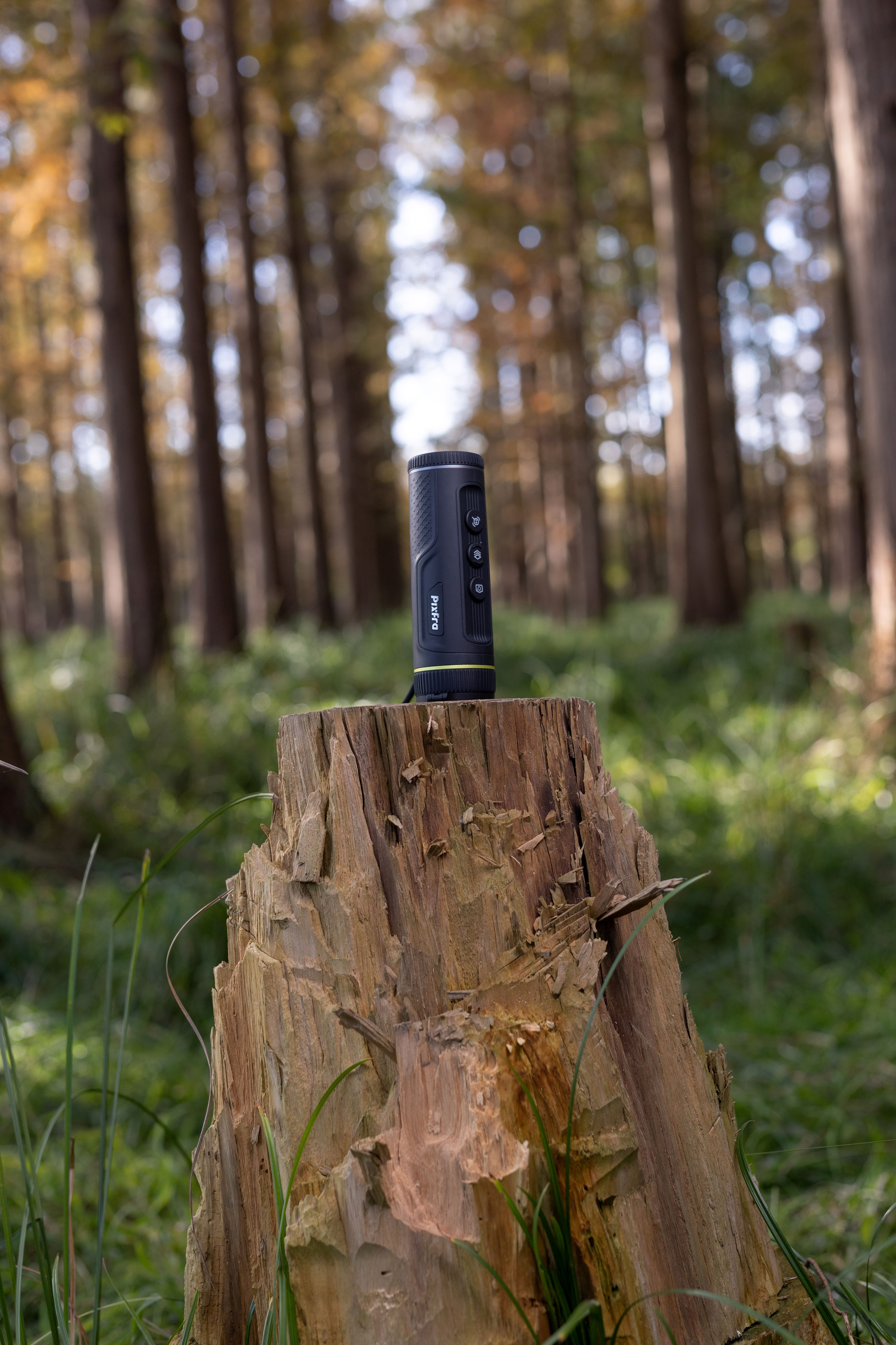 Monocular negro sobre un tocón de madera en un bosque. Hierba verde y árboles altos al fondo.