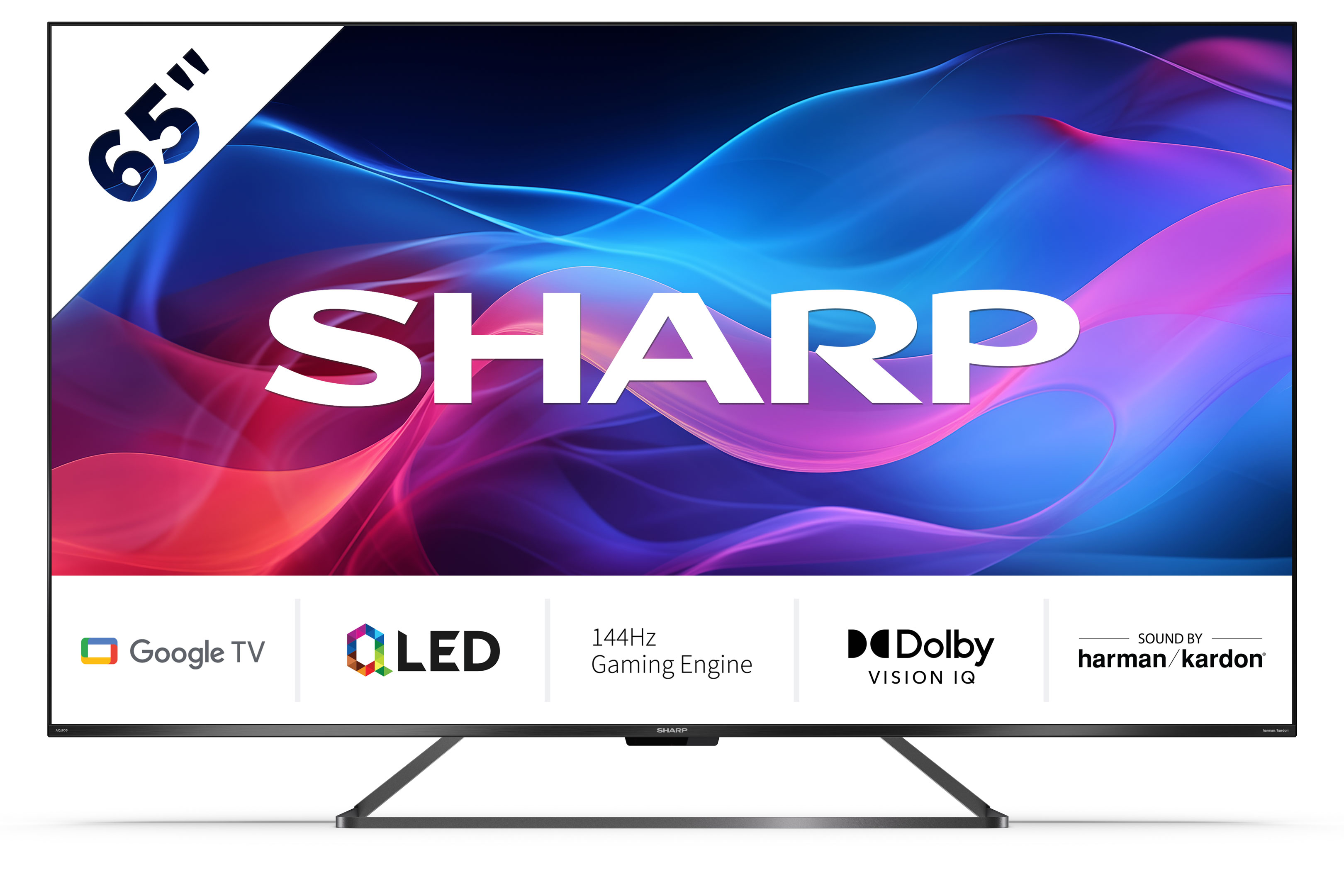 65" Sharp tv: zwart frame, groot scherm, Google TV, LED, 144Hz, Dolby en Harman/Kardon geluid.