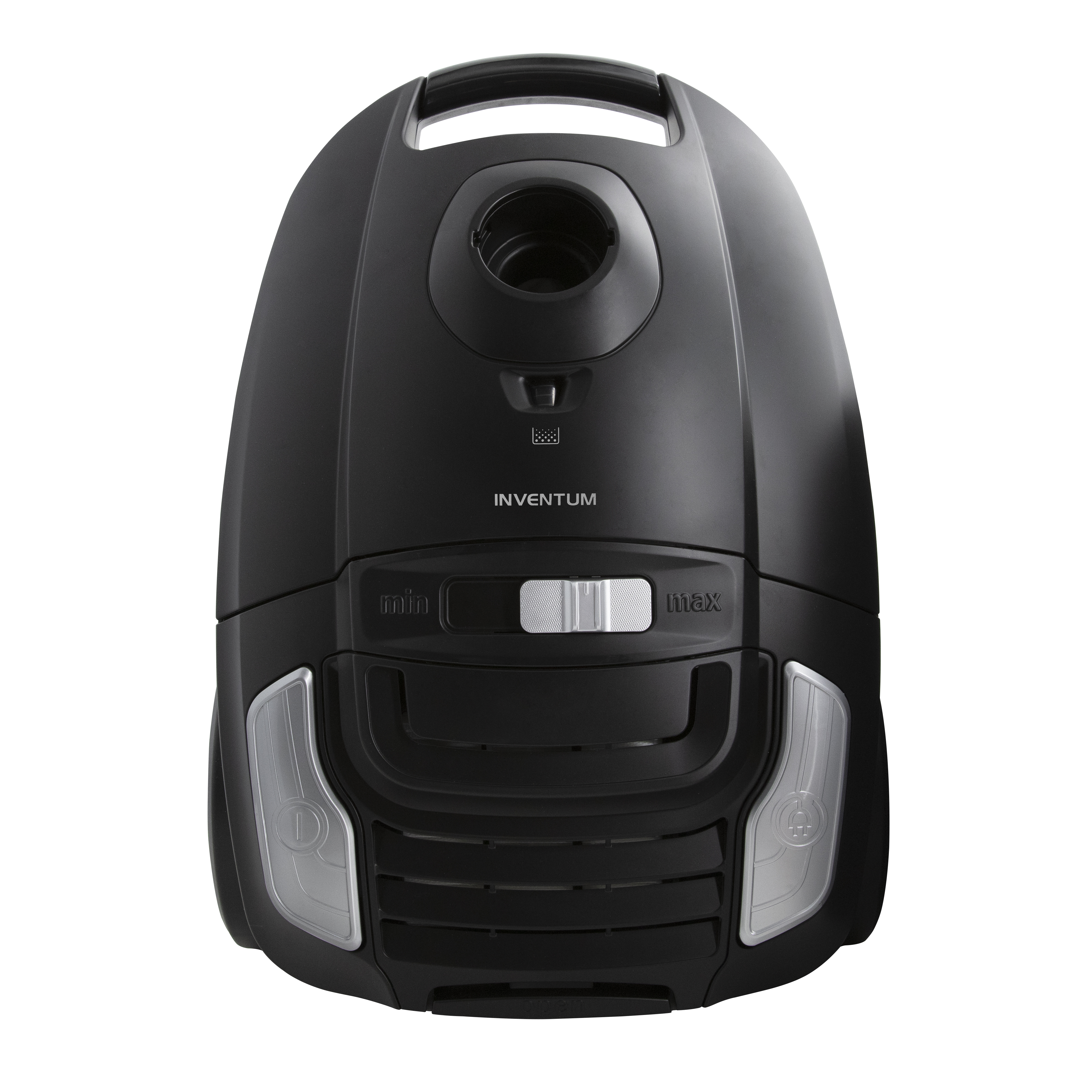 Black vacuum cleaner with an oval shape. It has buttons and an opening for the hose.