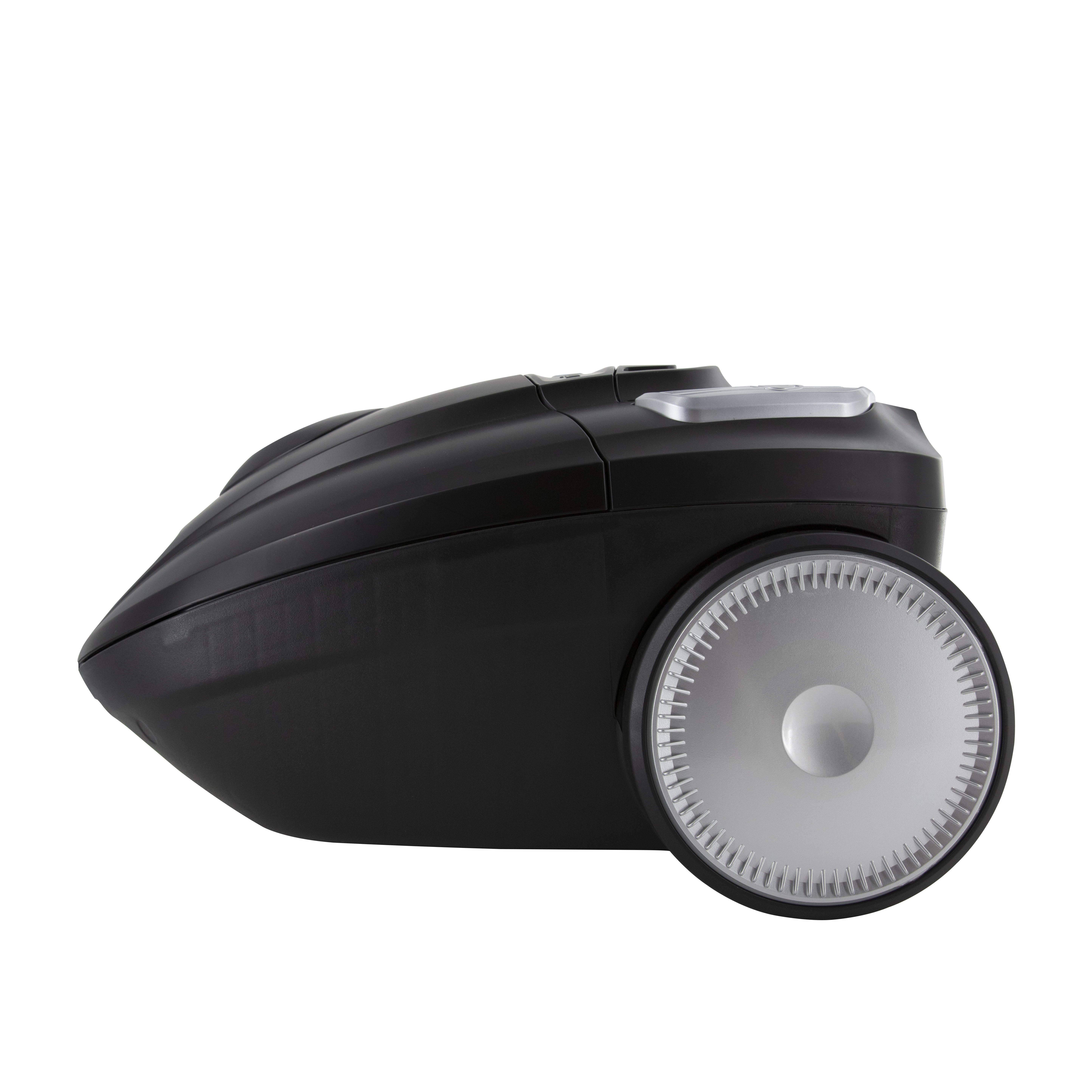 A black vacuum cleaner with a large wheel. The side view shows the design.