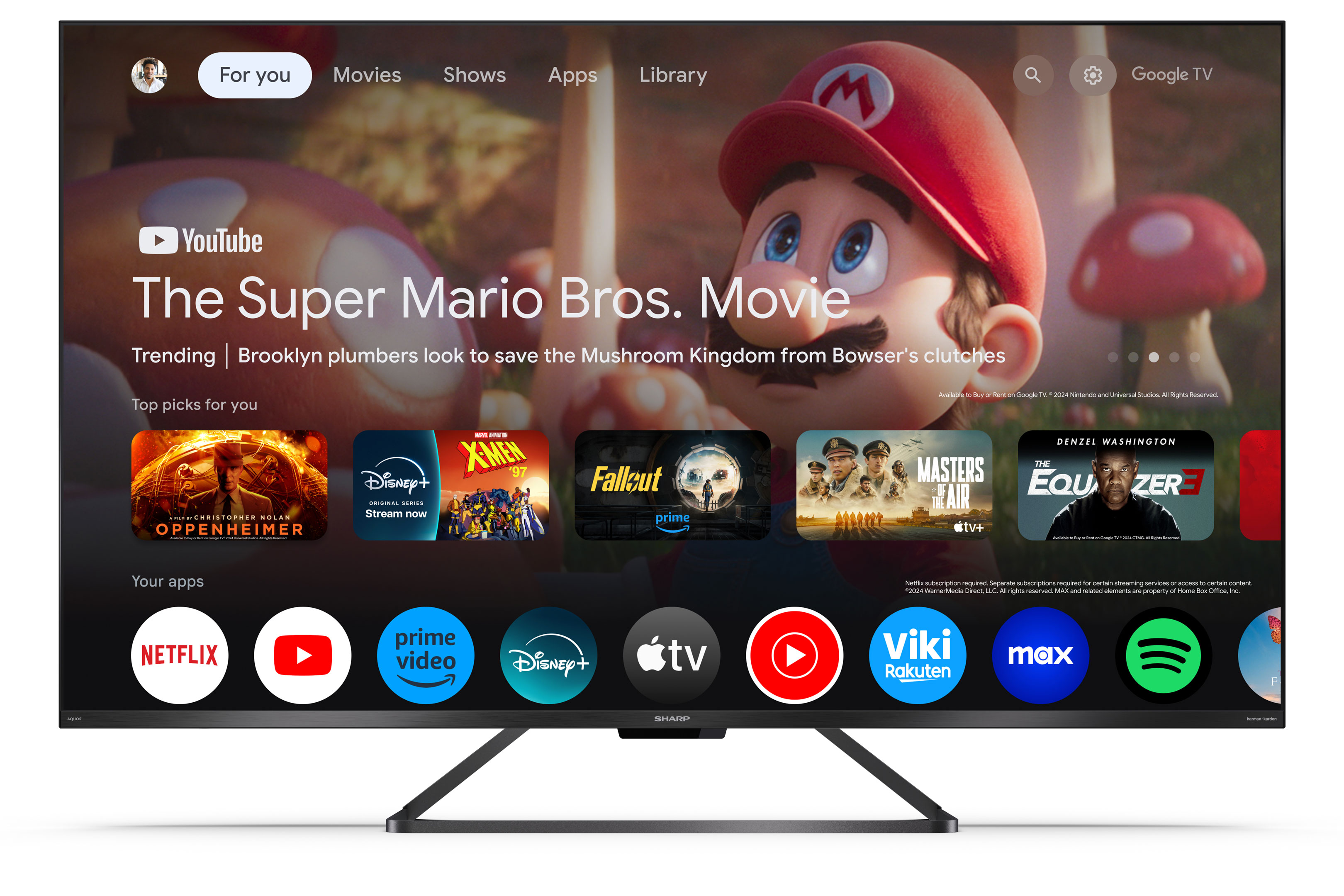 Ein Smart-TV, das The Super Mario Bros. Movie auf einem Streaming-Dienst anzeigt, mit Mario auf dem Bildschirm.