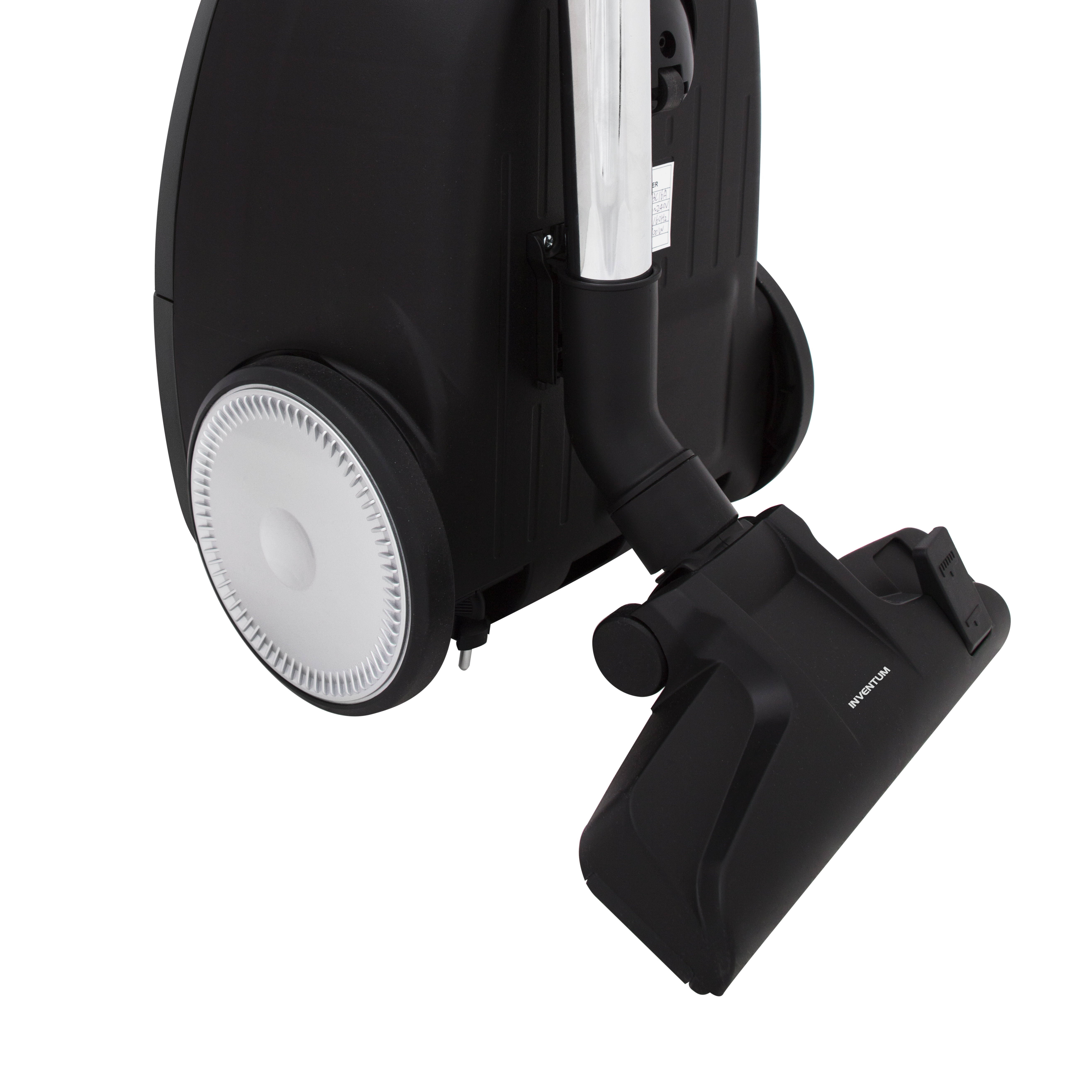 Black vacuum cleaner with white wheel and cleaning head, isolated on white background.