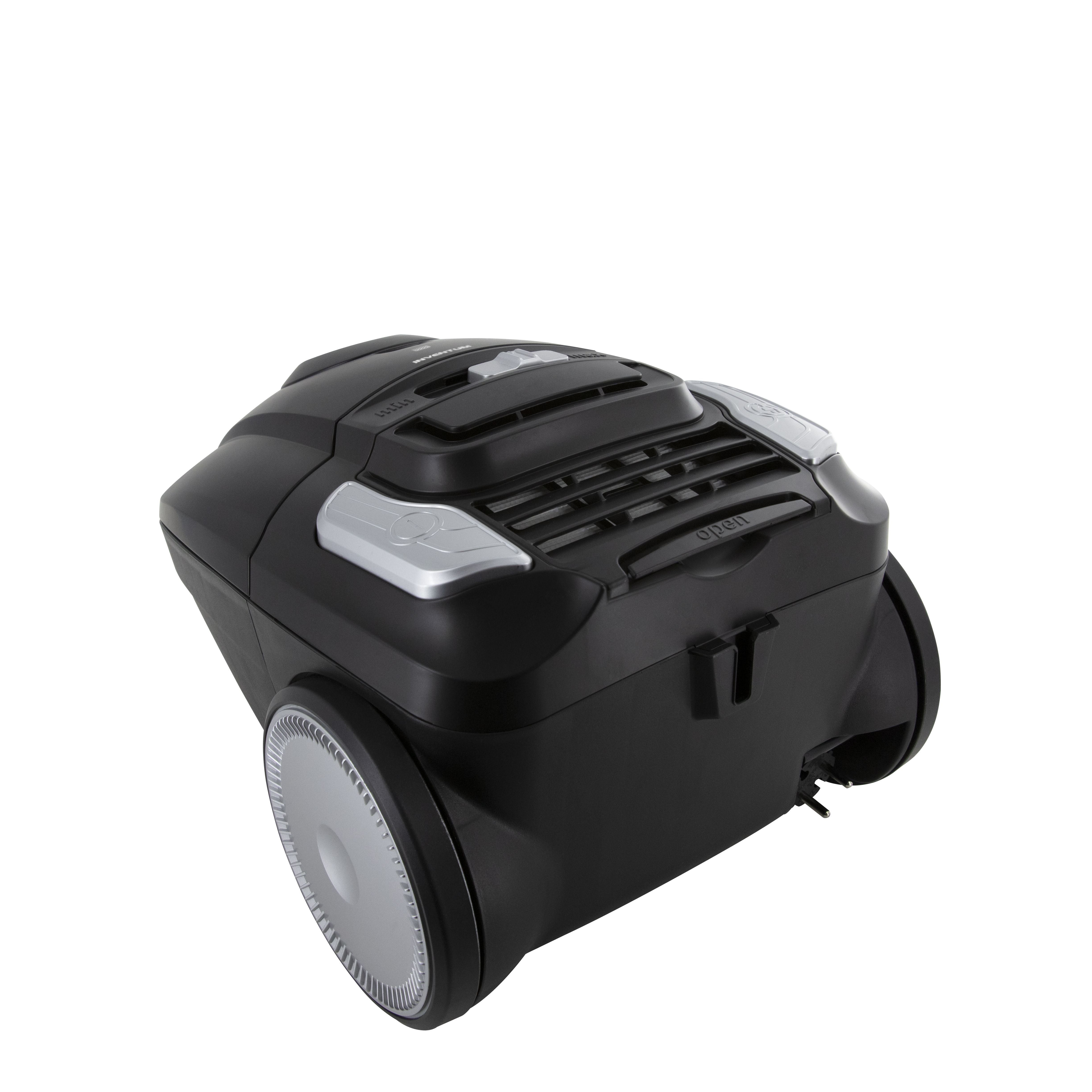 Black vacuum cleaner with silver accents. Angled view, showing the top of the machine.