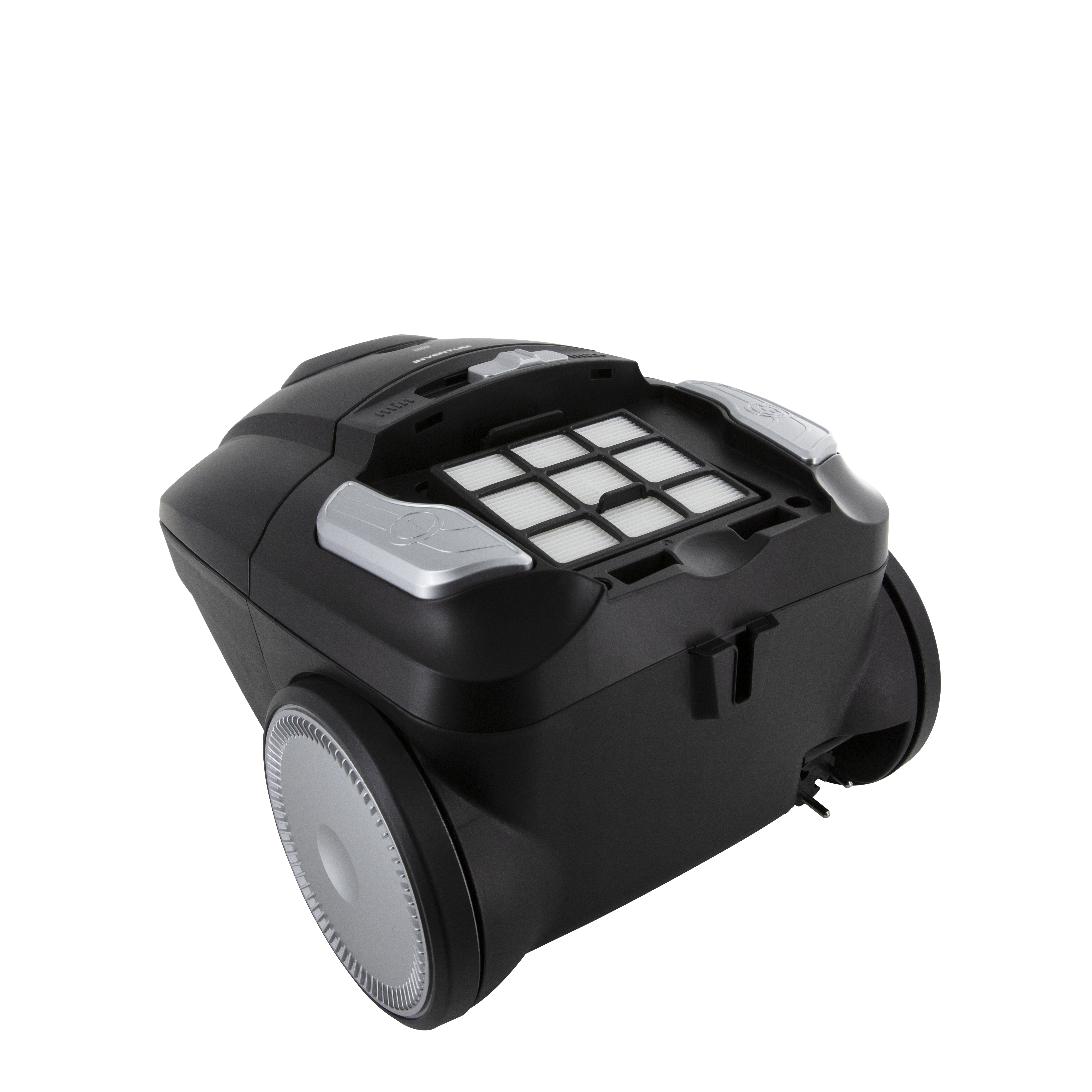 Black vacuum cleaner with silver accents and filter visible on top.