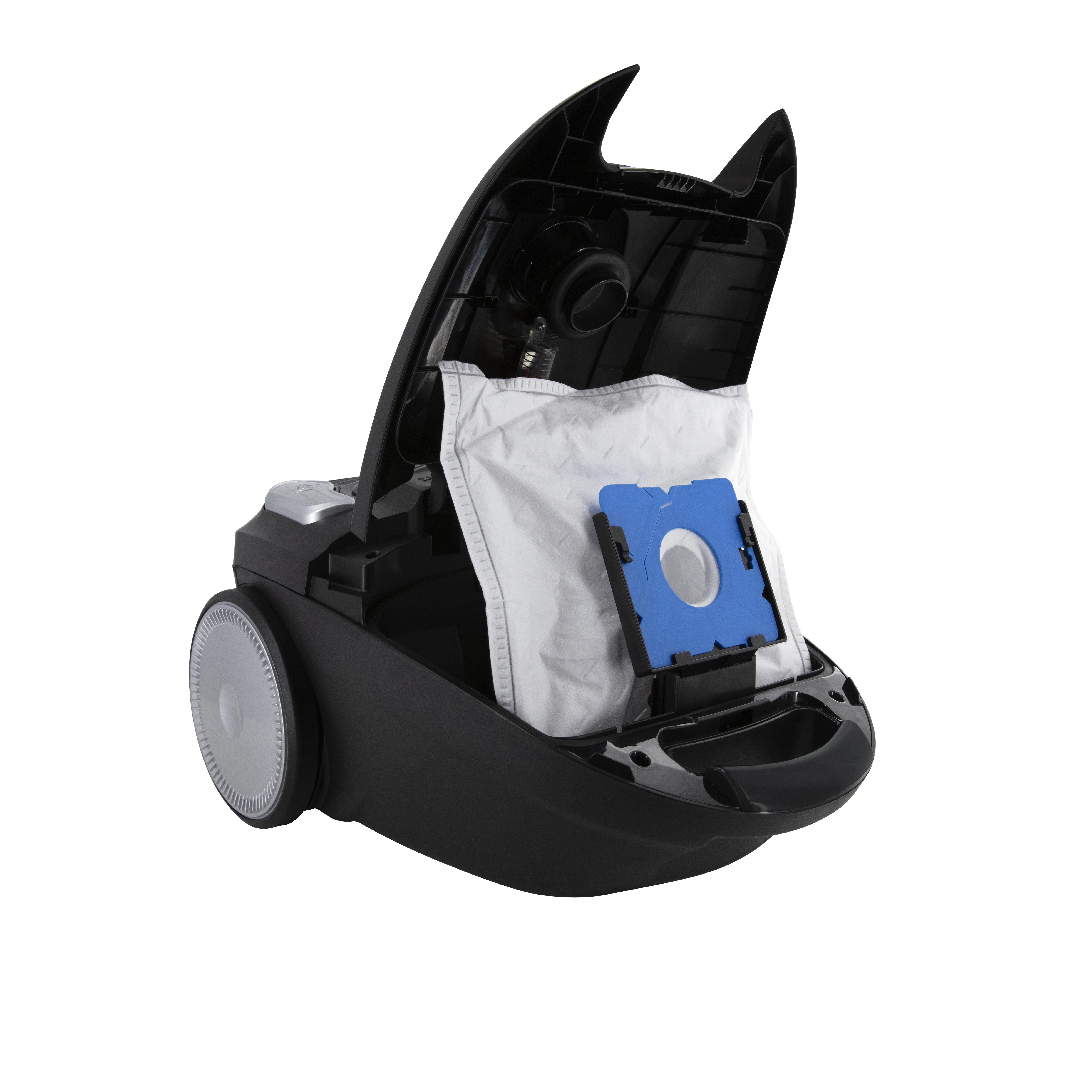 Black vacuum cleaner with an open compartment. A white bag is inside. A blue filter is visible.