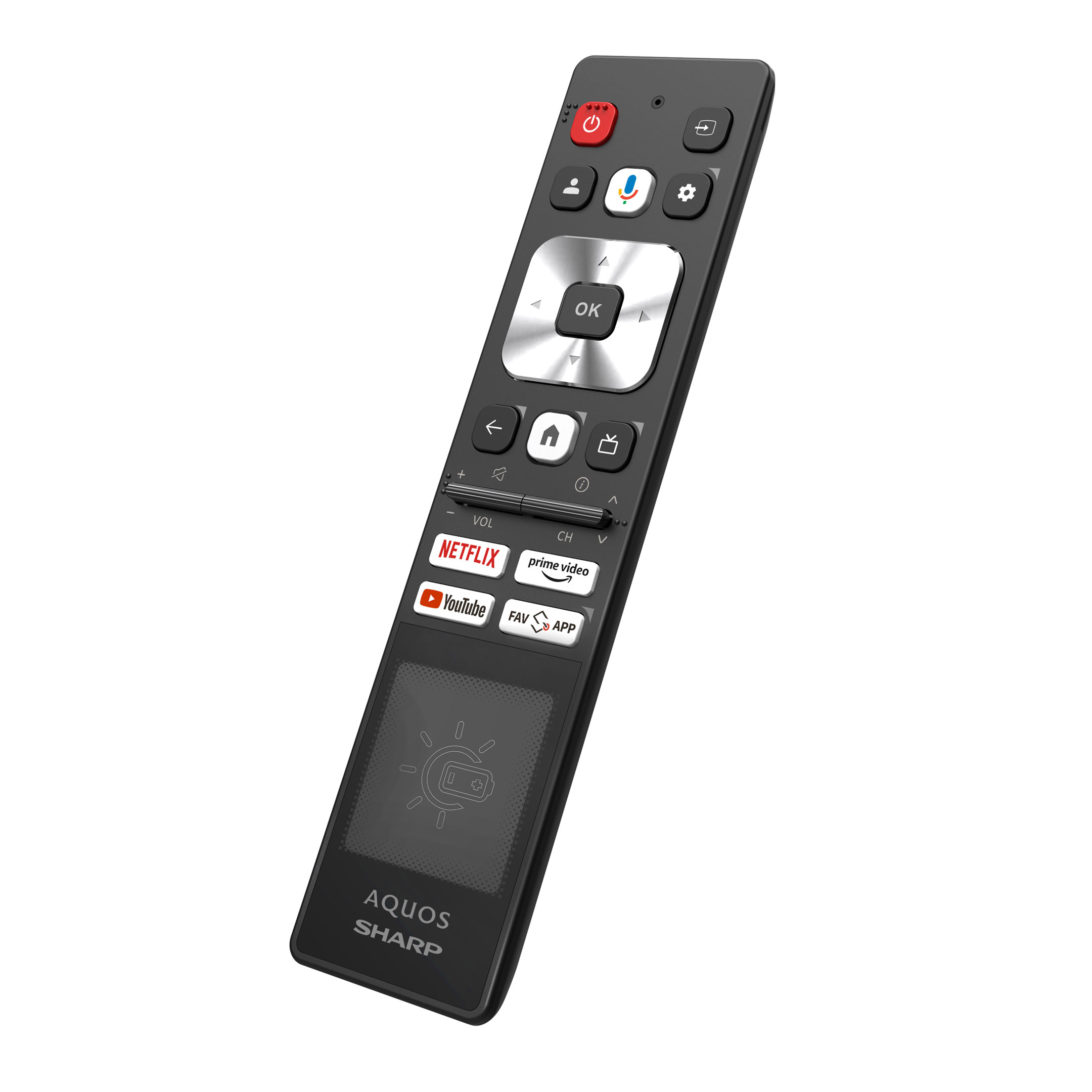 AQUOS Sharp TV-Fernbedienung. Die Fernbedienung ist schwarz mit verschiedenen Tasten.