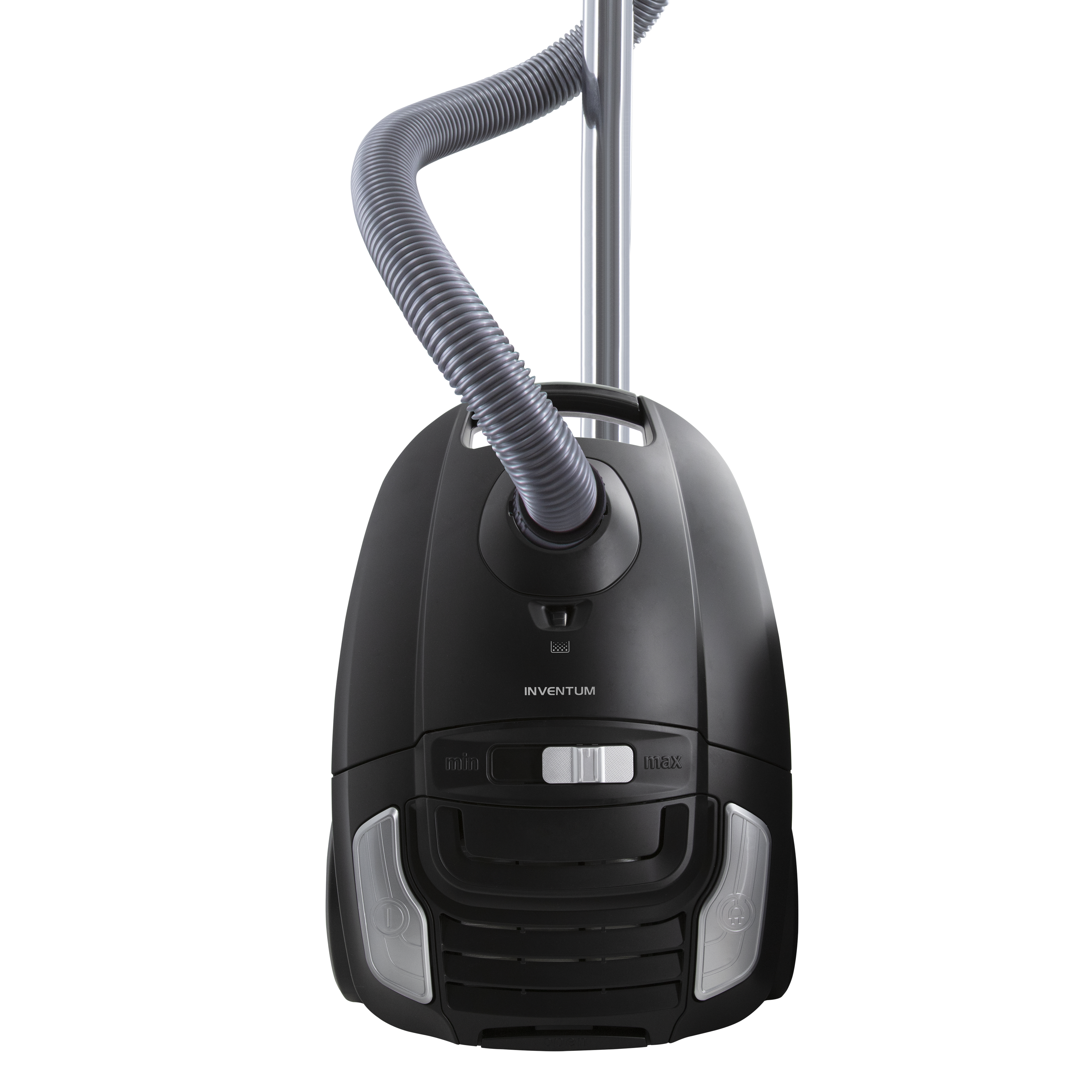 Black vacuum cleaner with a silver tube. The vacuum is on a white background.