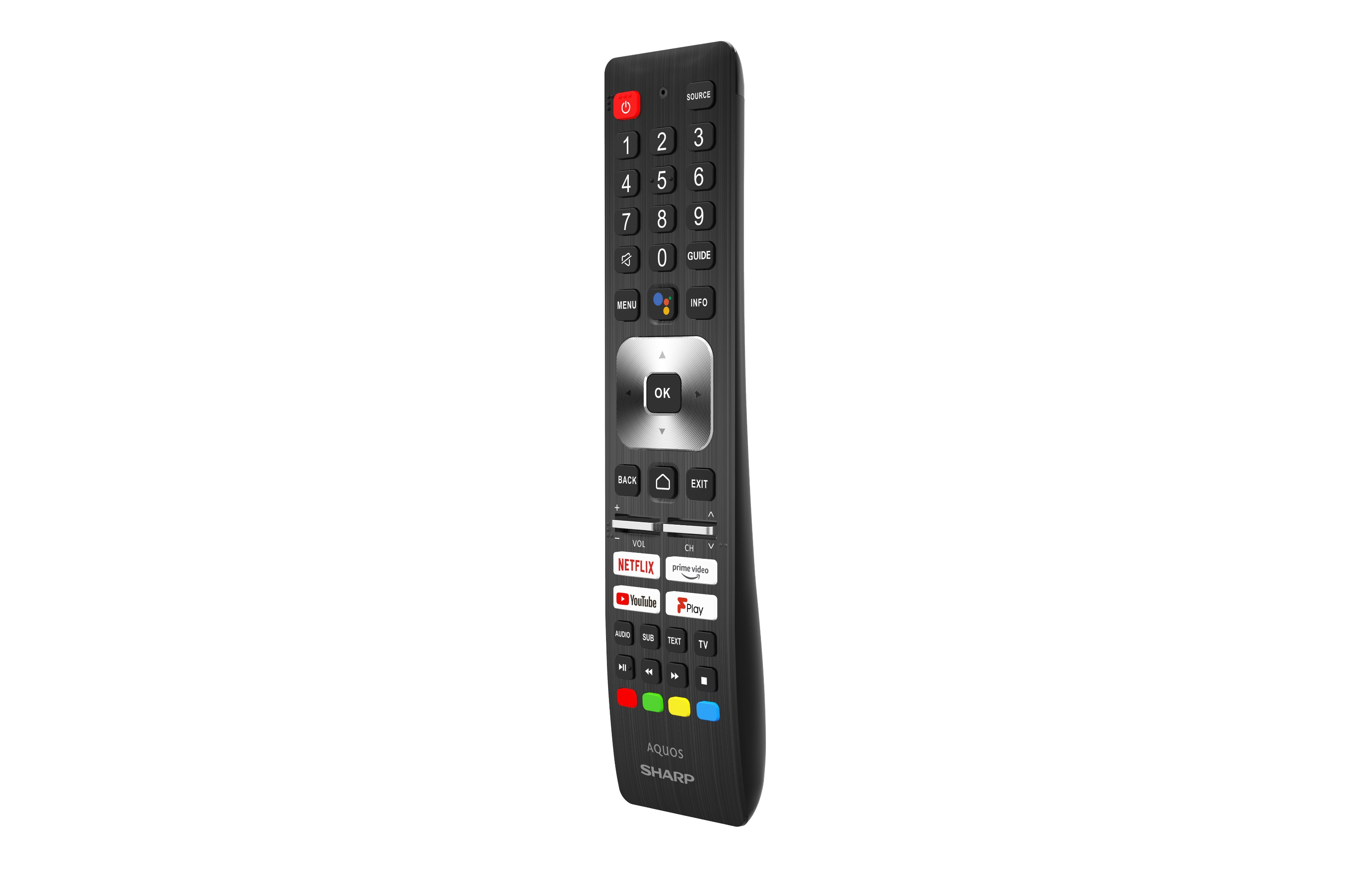 Schwarze Sharp Fernbedienung mit vielen Tasten, einschließlich Netflix, YouTube und OK-Taste.