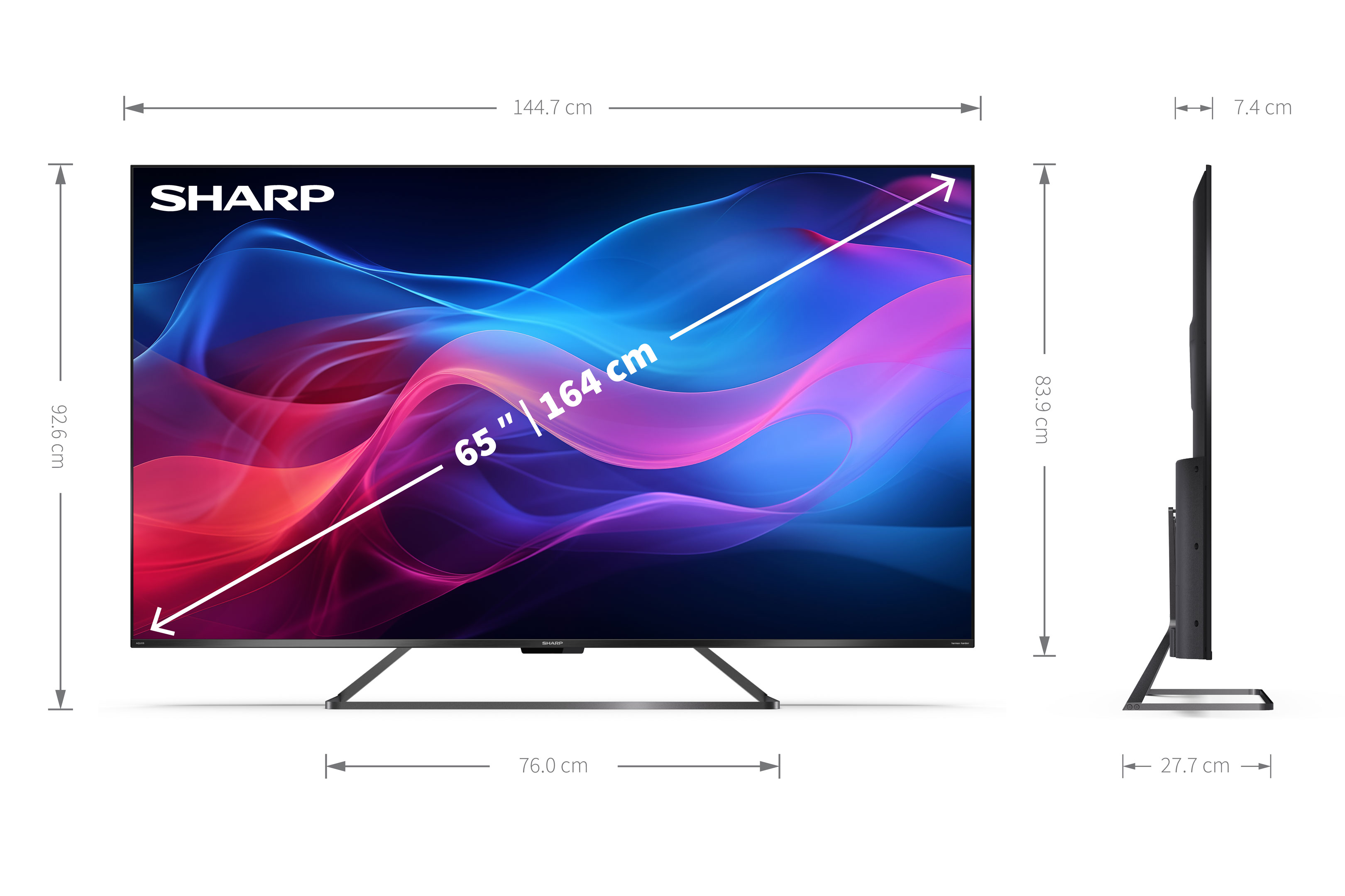 65-inch Sharp TV met afmetingen. Het scherm toont kleurrijke, abstracte beelden.