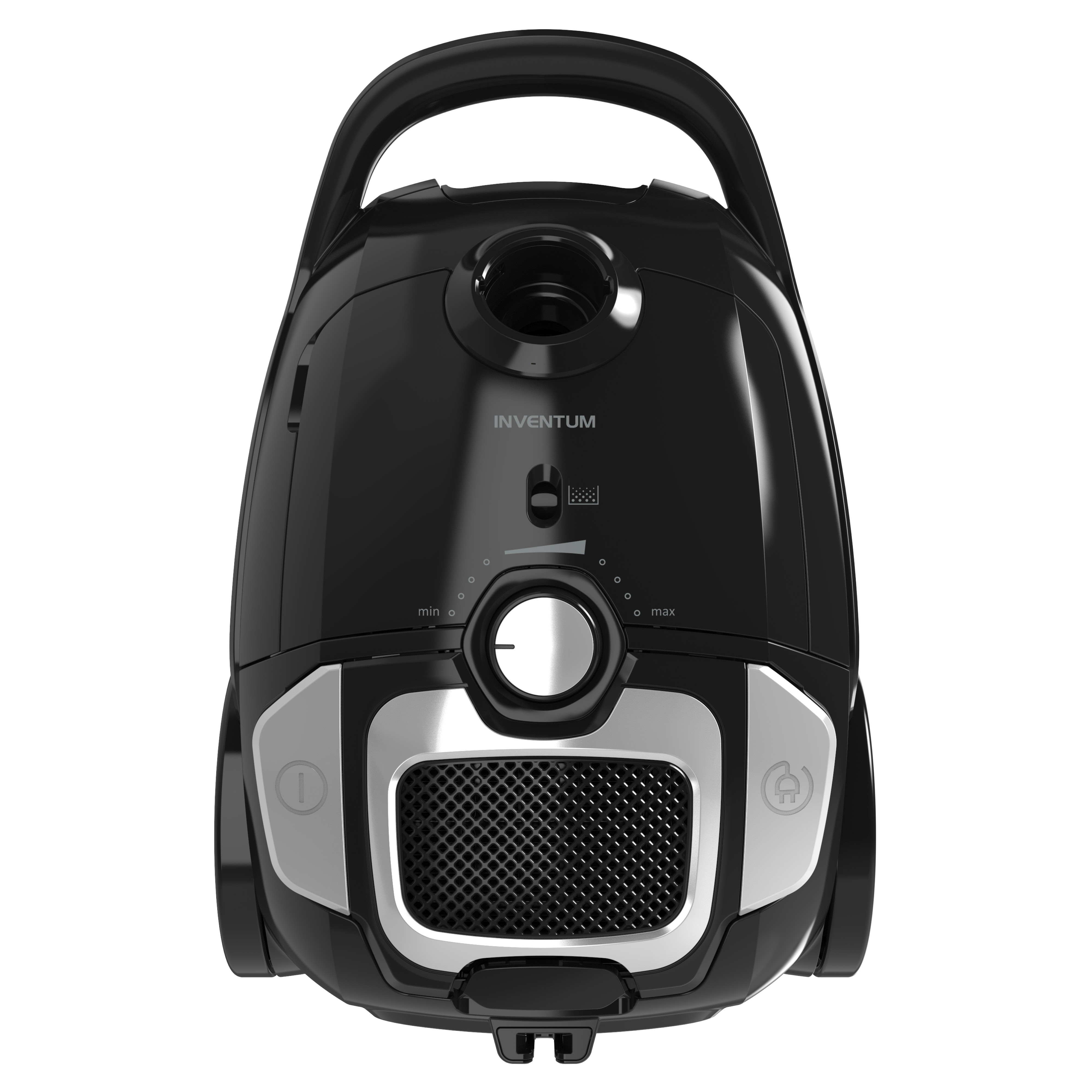 A black vacuum cleaner with a handle and chrome accents, with the brand 'INVENTUM'.