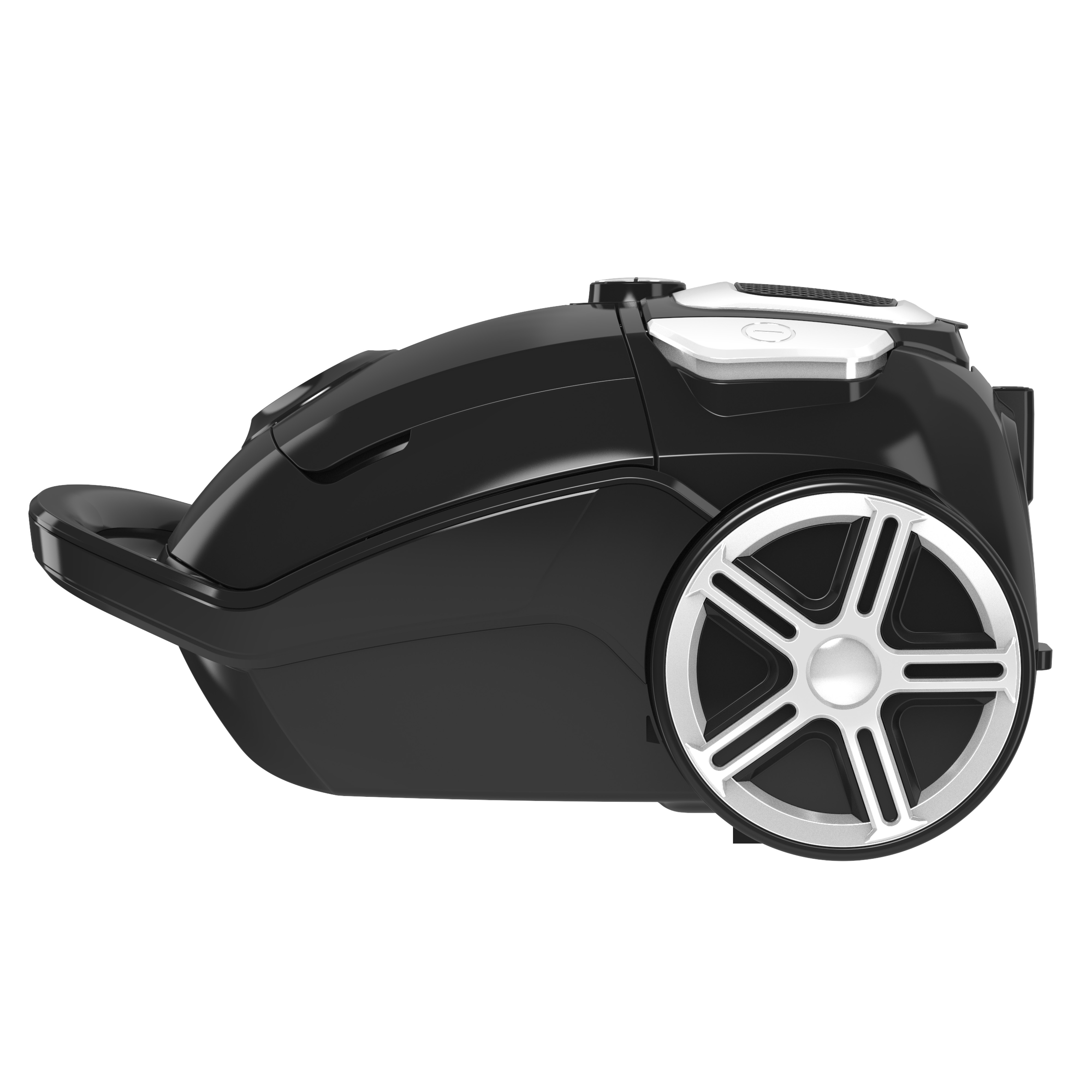 Black vacuum cleaner with white accents, side view, on a white background.