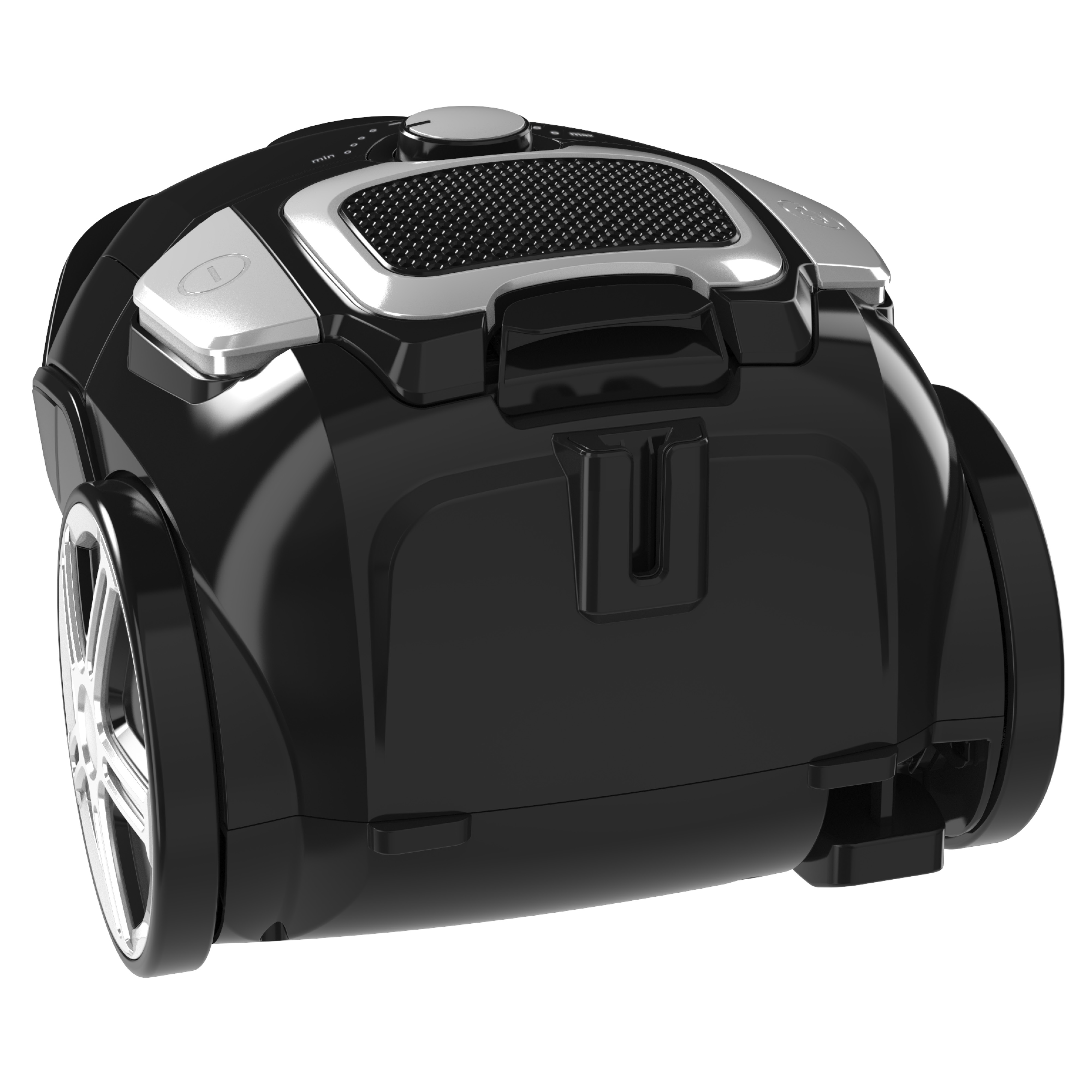 A black vacuum cleaner seen from the back. It has silver accents and large wheels.