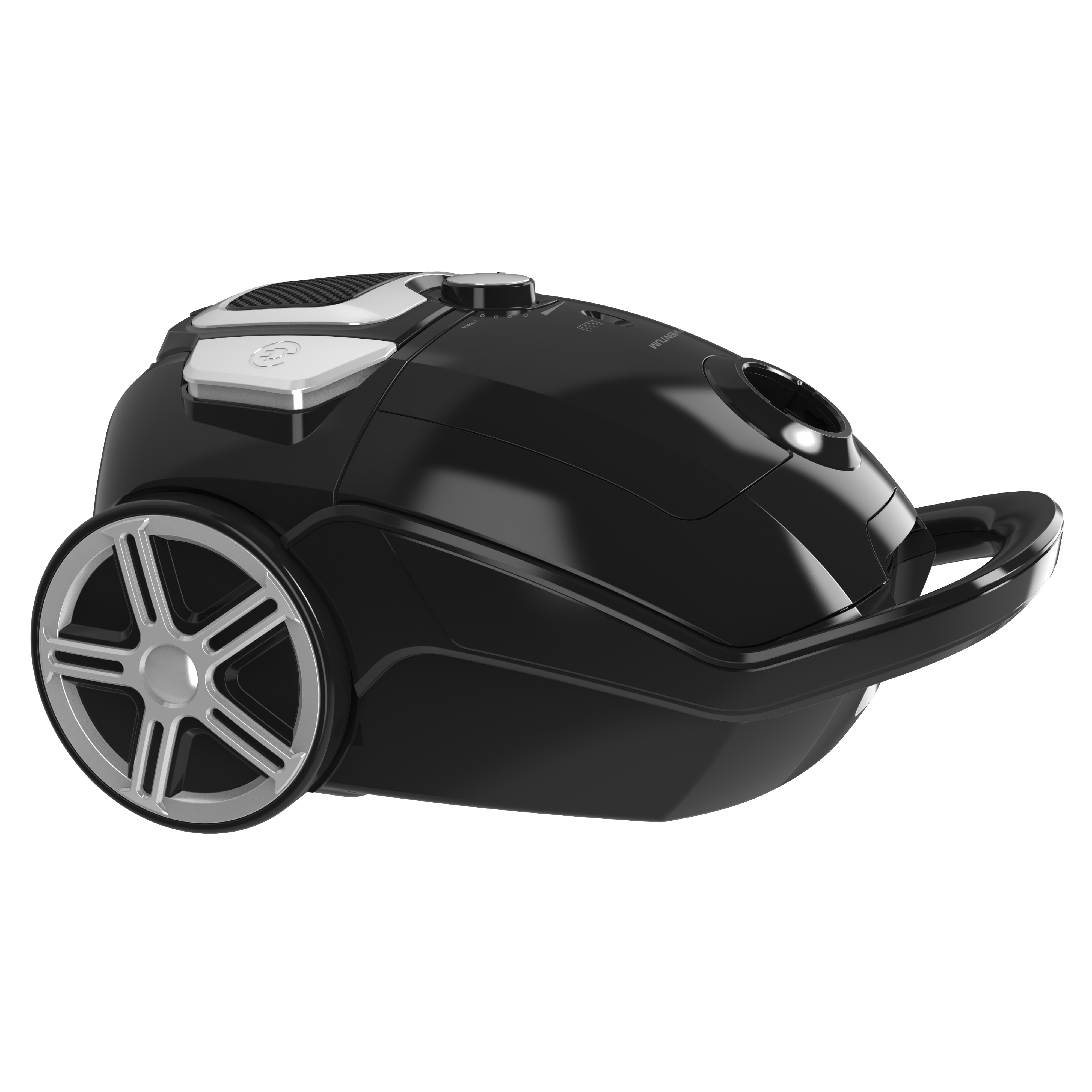 Black vacuum cleaner with silver wheels. It has a handle and a hose attachment point.