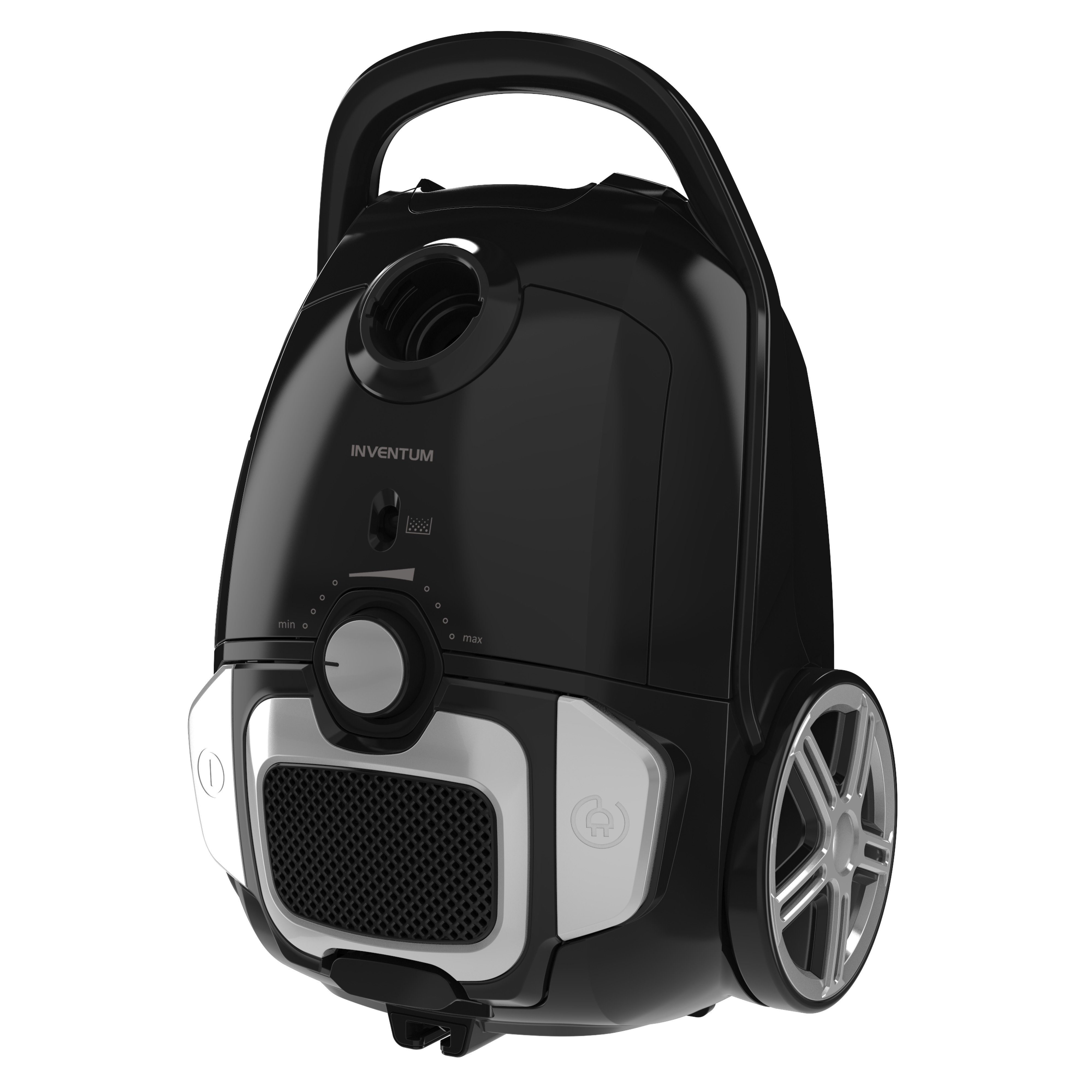 Black vacuum cleaner with silver accents and a handle, isolated on white.