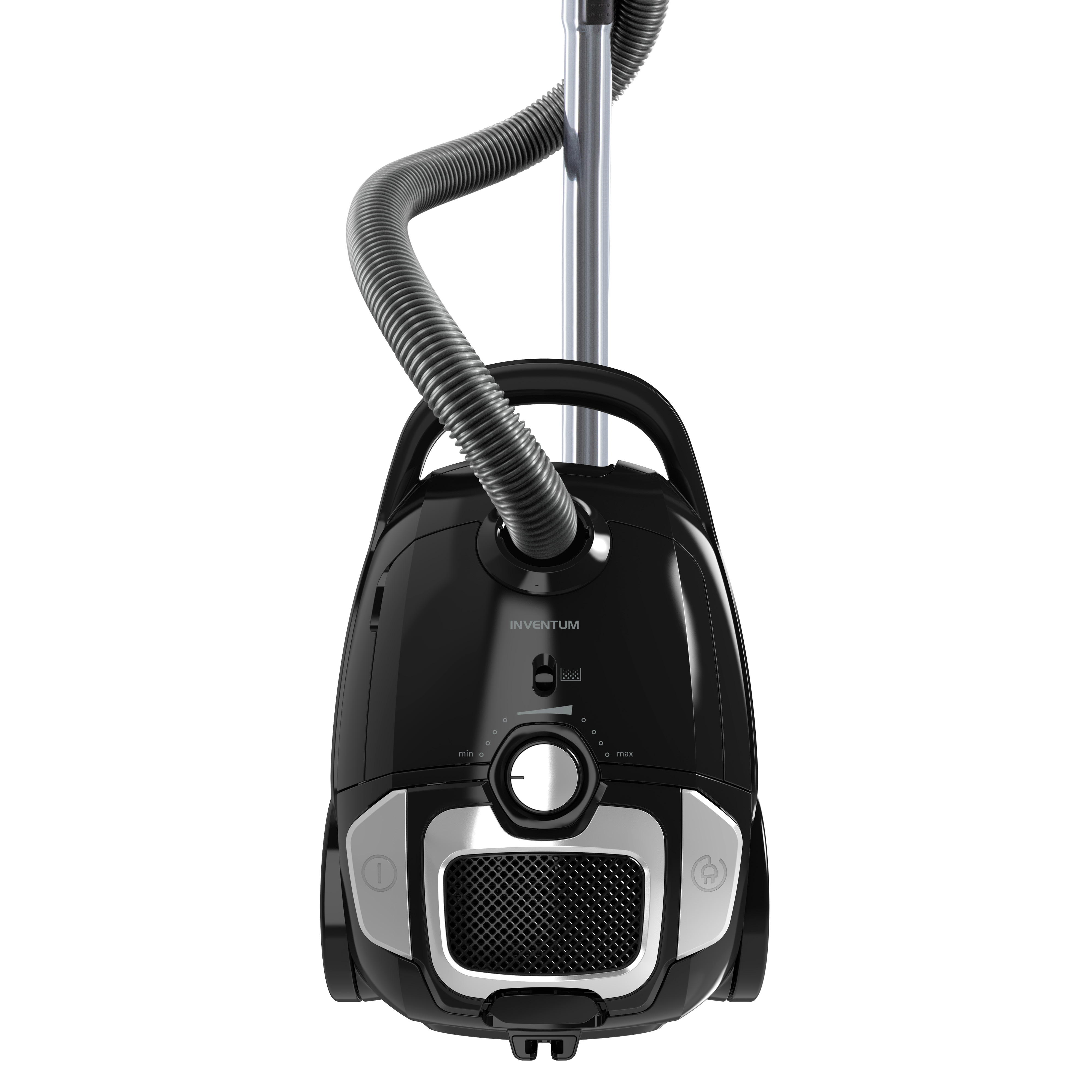Black vacuum cleaner with a hose, silver accents, and a white background.