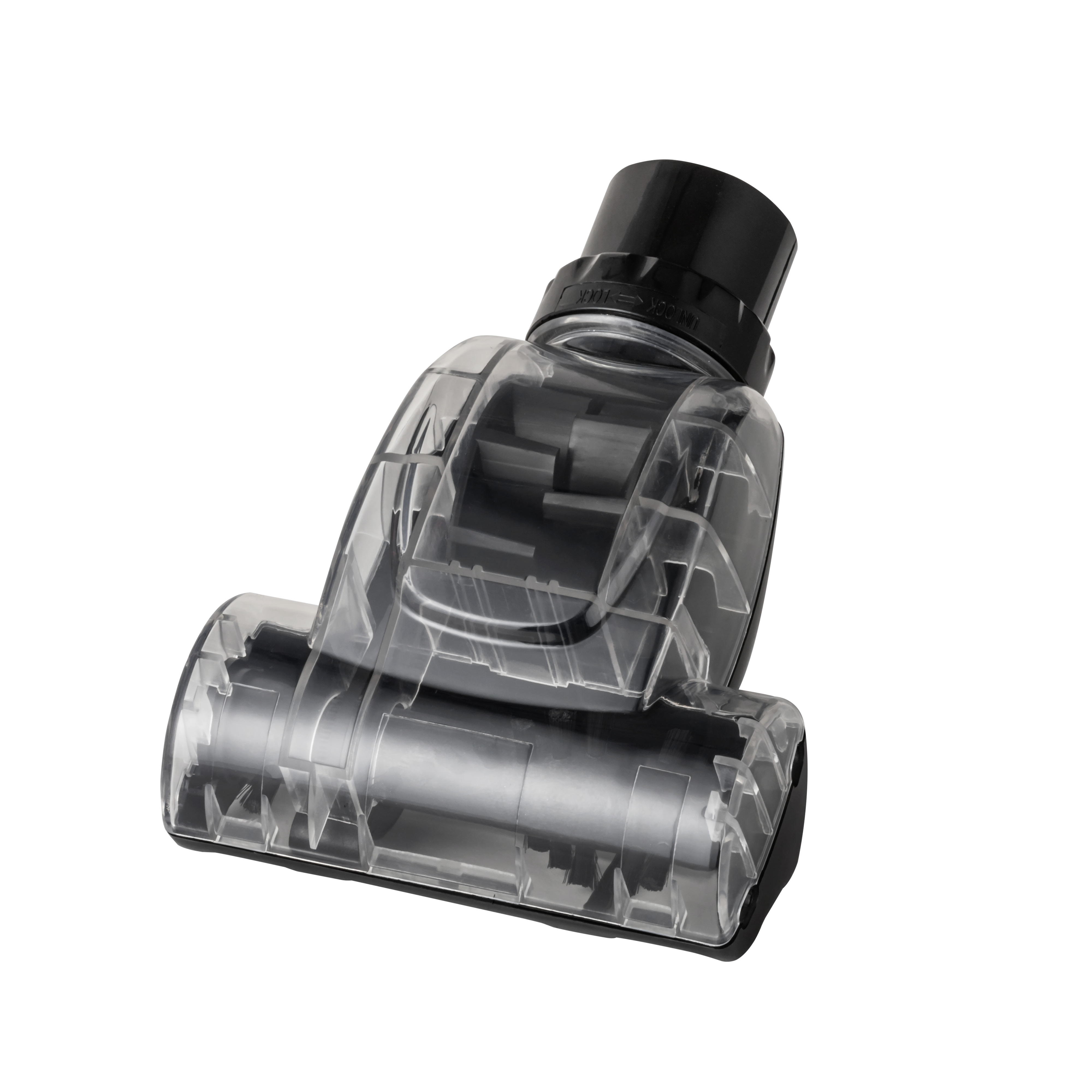 Transparent vacuum cleaner head with black details, angled against a white backdrop.