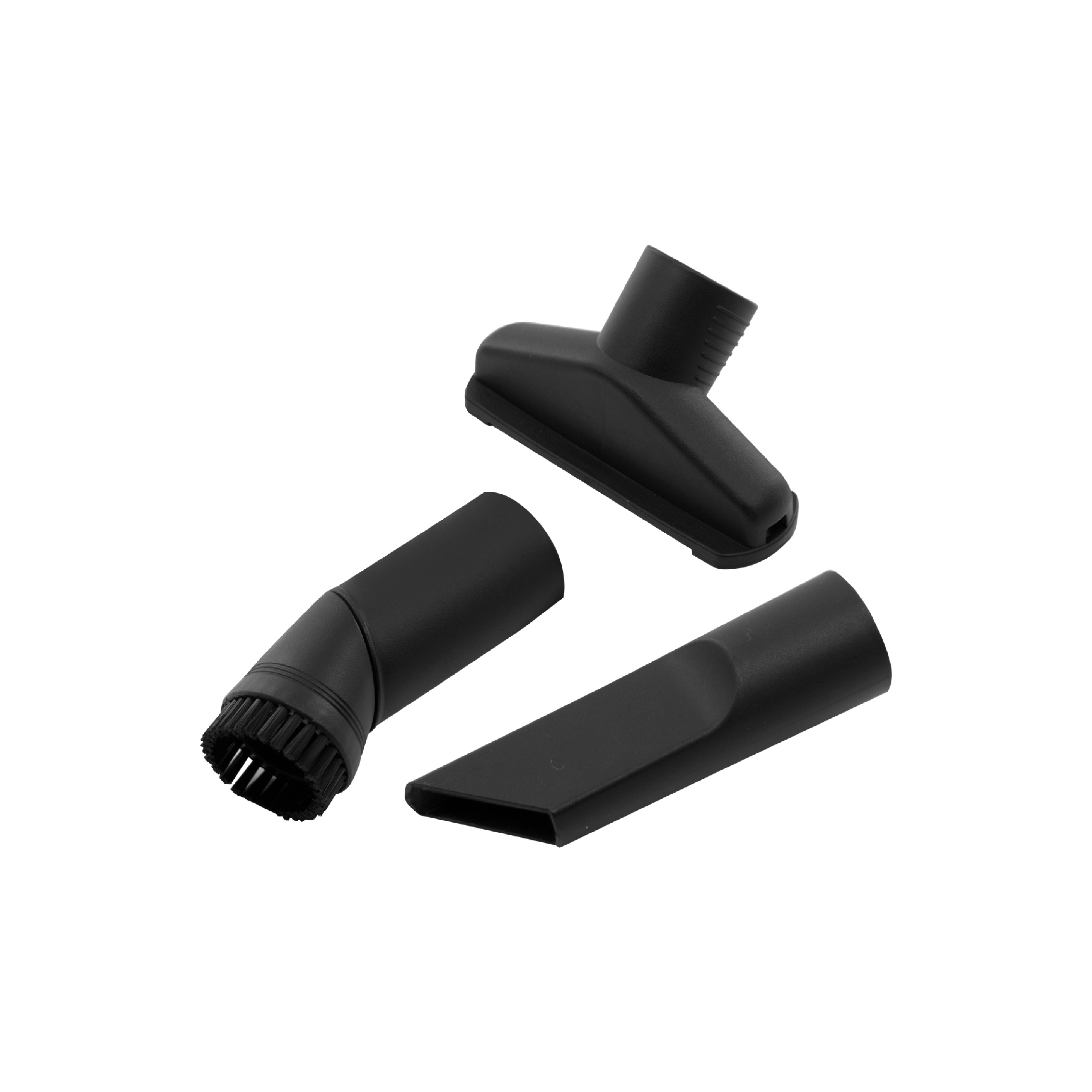 Three black vacuum cleaner attachments on a white background. They have different shapes.
