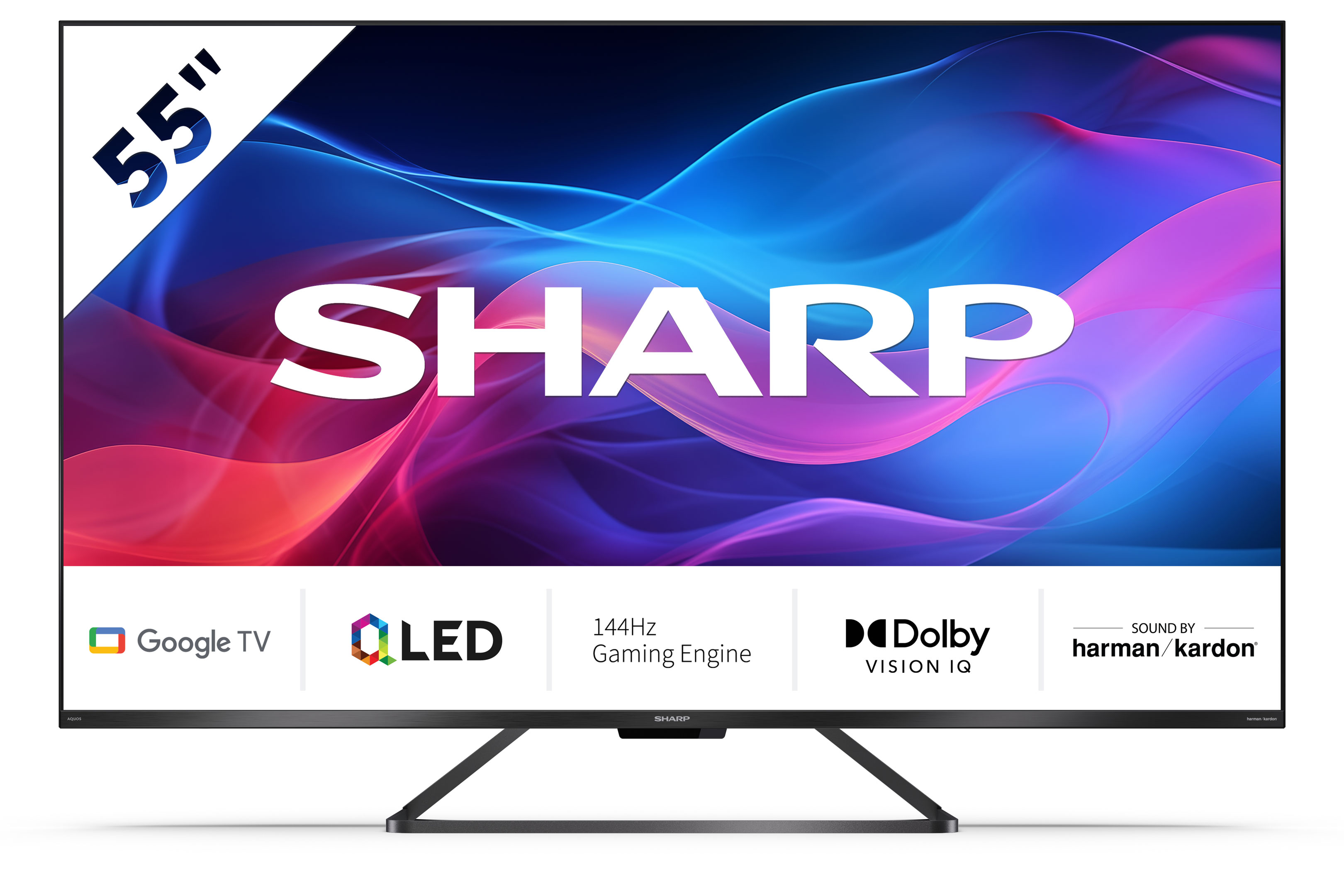 Ein 55 Zoll SHARP Fernseher mit Google TV, LED, 144Hz, Dolby Vision IQ und Harman Kardon Sound.