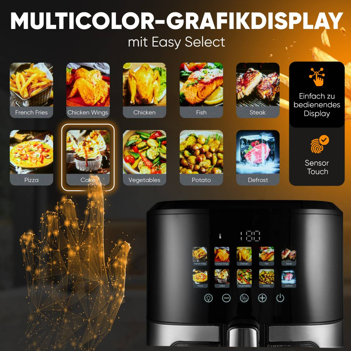 Frytkownica powietrzna z cyfrowym panelem sterowania. Wyświetla ikony dla potraw takich jak frytki, kurczak, ciasto i inne.
