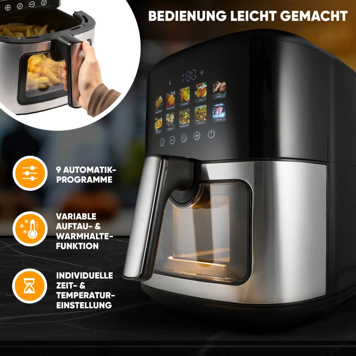 Frytownica beztłuszczowa ze stali nierdzewnej z czarną górą, panelem sterowania i ręką na uchwycie.
