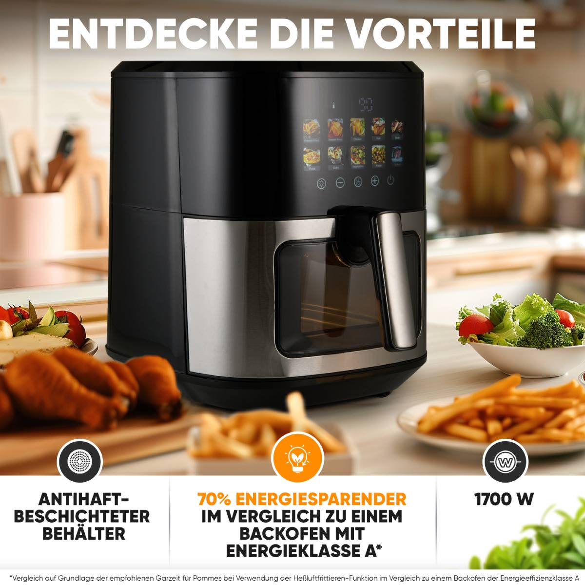 Czarna frytownica beztłuszczowa z cyfrowym wyświetlaczem. Jedzenie wkoło. Białe tło.