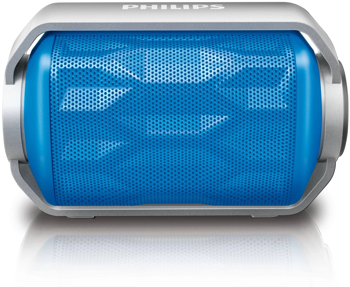 Altavoz Philips azul y plateado. Tiene un altavoz de malla azul cilíndrico con asas plateadas.