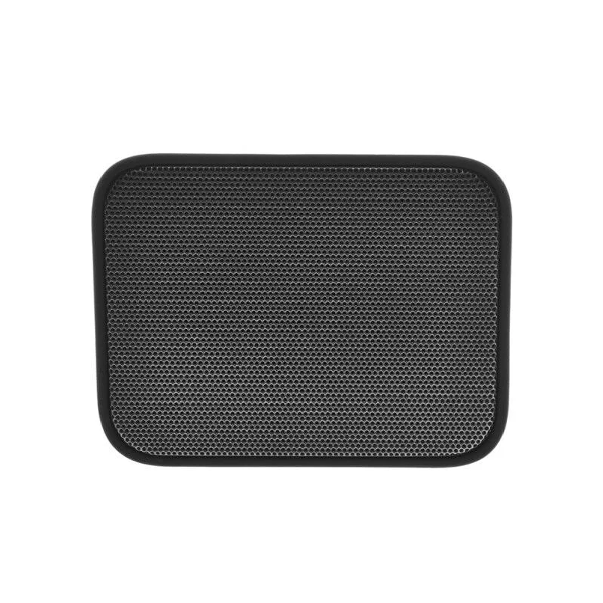 Rejilla de altavoz negra, forma rectangular, patrón de panal. Fondo blanco.